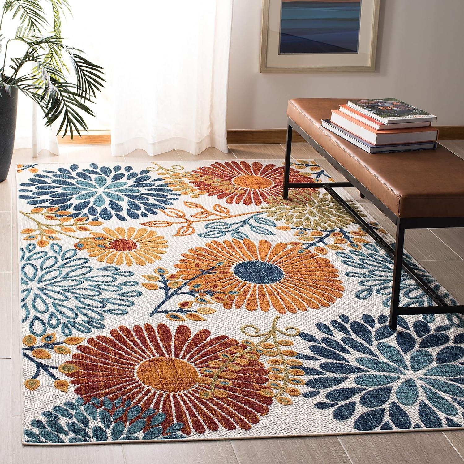 image:imageSAFAVIEH Washable Rug Outdoor Cabana Collection 4 Square Cream amp Red NonShedding amp Easy to Clean Ideal for Patio Backyard Mudroom CBN832AGreyBlue