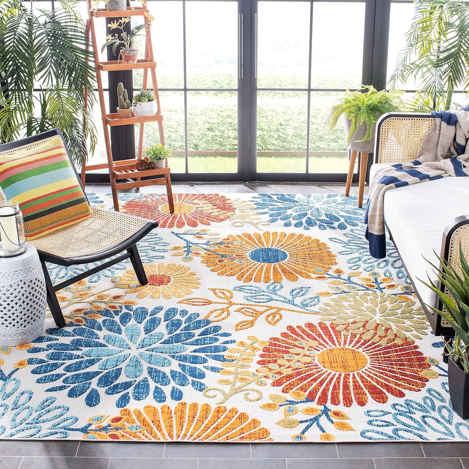 image:imageSAFAVIEH Washable Rug Outdoor Cabana Collection 4 Square Cream amp Red NonShedding amp Easy to Clean Ideal for Patio Backyard Mudroom CBN832AGreyBlue