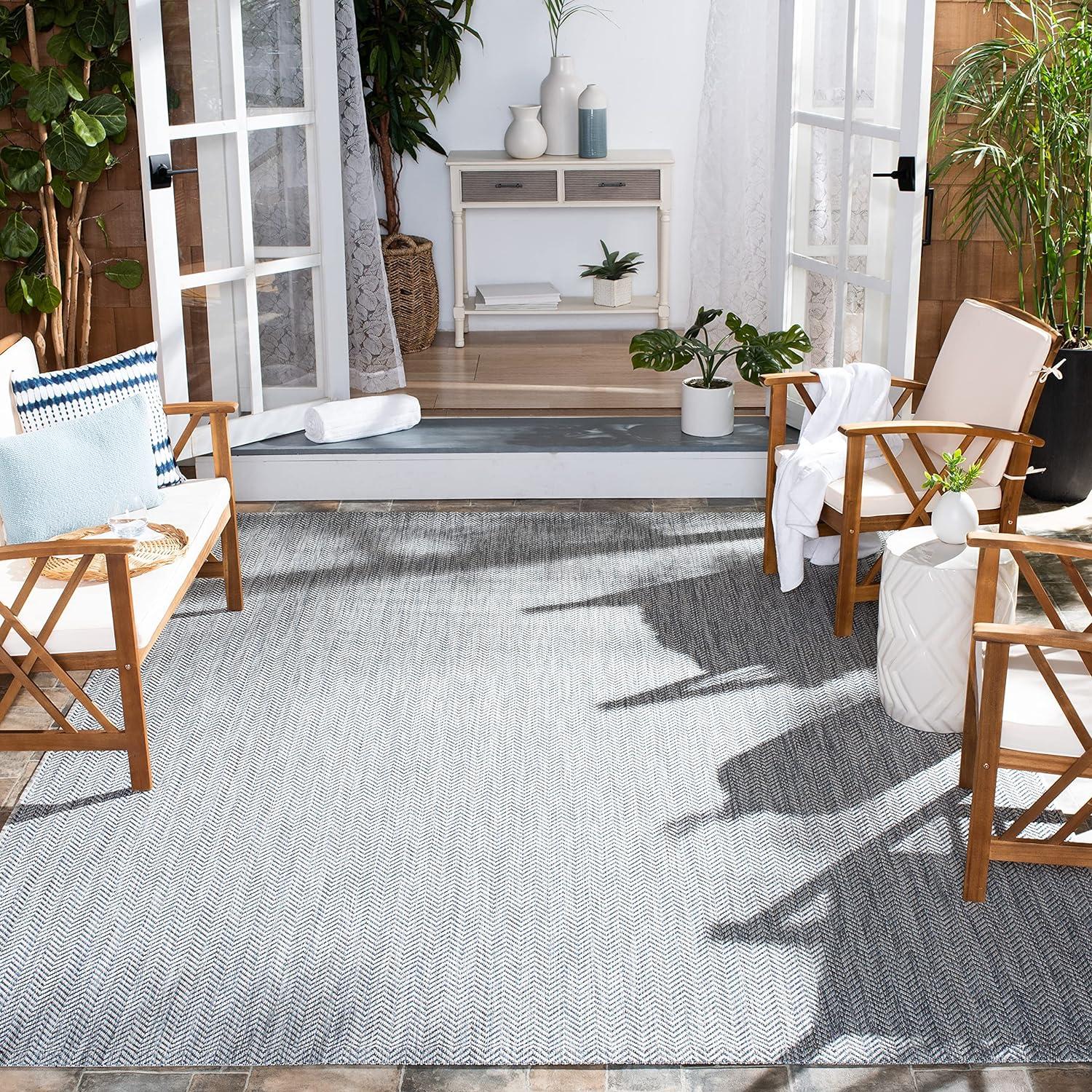 image:imageSAFAVIEH Washable Rug Outdoor Courtyard Collection 10 Square Black amp Beige NonShedding amp Easy Cleaning Ideal for Patio Backyard Mudroom CY802236621GreyNavy