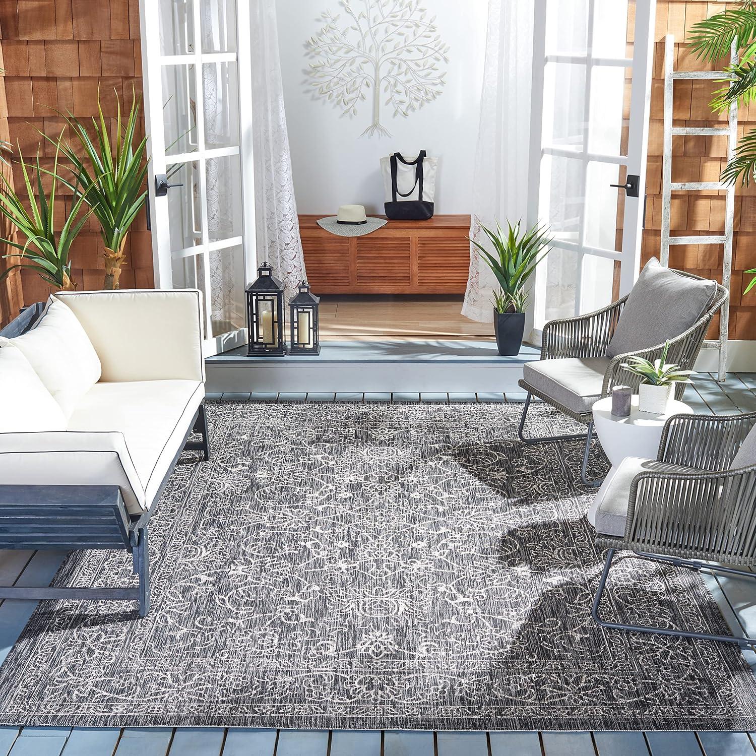 image:imageSAFAVIEH Washable Rug Outdoor Courtyard Collection 9 x 12 Aqua Blue amp Grey NonShedding amp Easy Cleaning Ideal for Patio Backyard Mudroom CY868037121BlackIvory