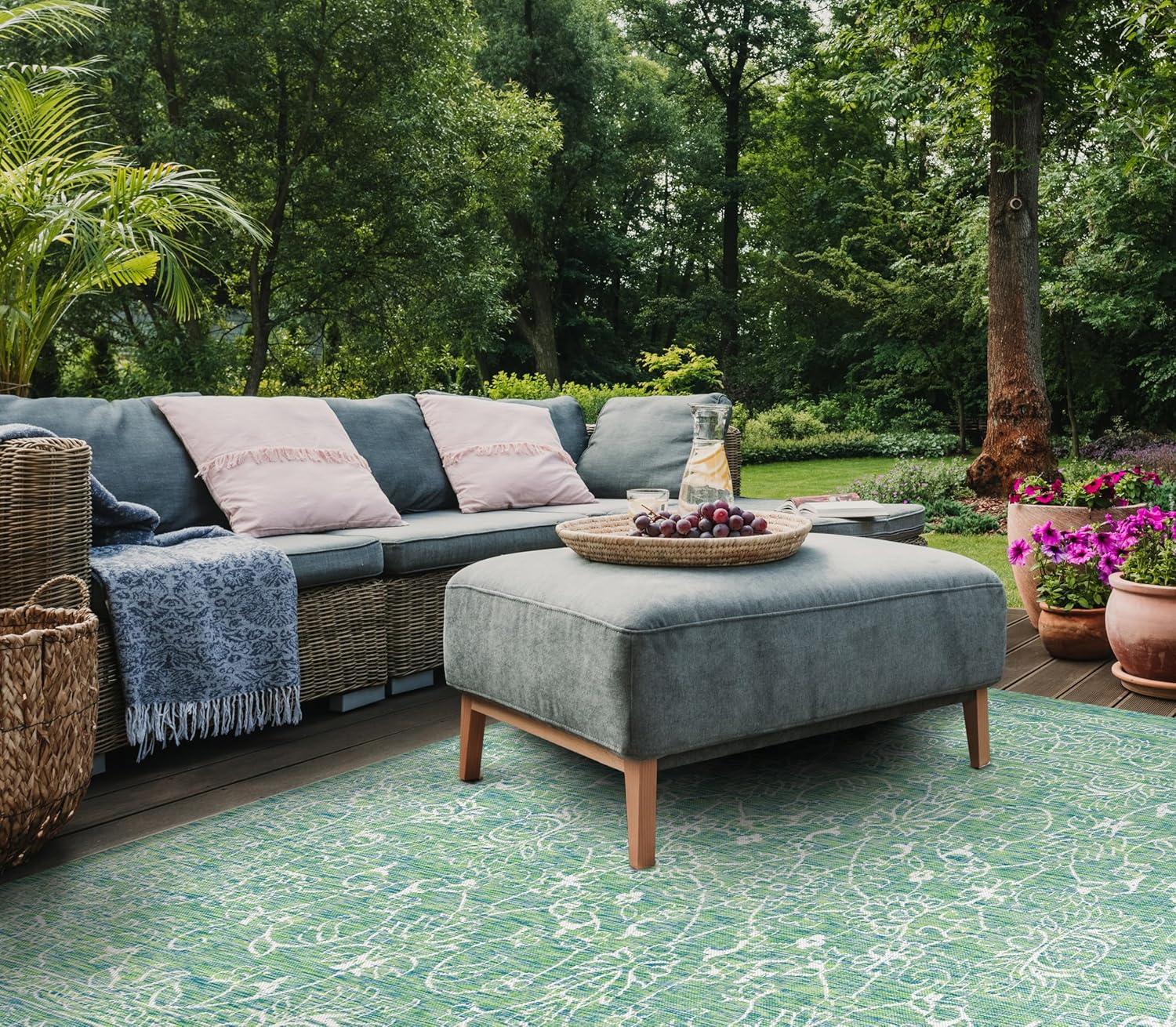 image:imageSAFAVIEH Washable Rug Outdoor Courtyard Collection 9 x 12 Aqua Blue amp Grey NonShedding amp Easy Cleaning Ideal for Patio Backyard Mudroom CY868037121GreenIvory