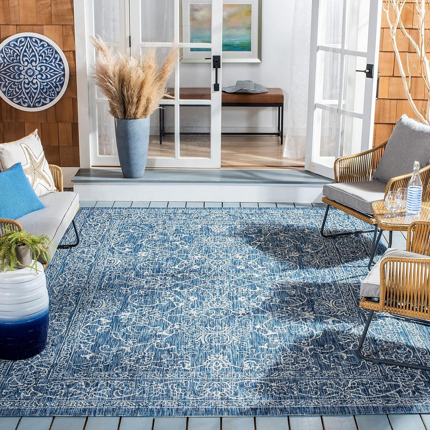 image:imageSAFAVIEH Washable Rug Outdoor Courtyard Collection 9 x 12 Aqua Blue amp Grey NonShedding amp Easy Cleaning Ideal for Patio Backyard Mudroom CY868037121NavyIvory