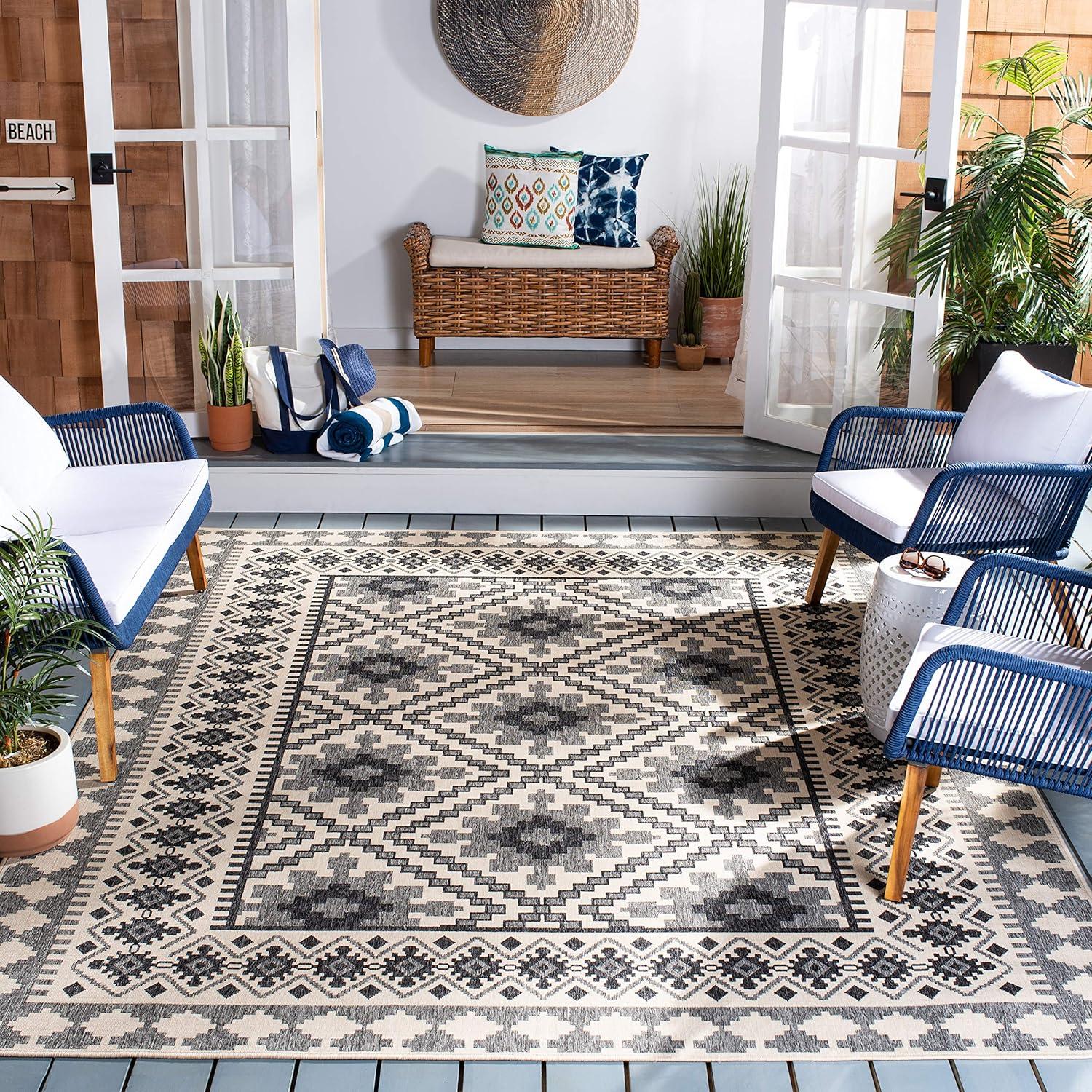 image:imageSAFAVIEH Washable Rug Outdoor Veranda Collection 9 x 12 Ivory amp Charcoal NonShedding amp Easy to Clean Ideal for Patio Backyard Mudroom VER0993435IvorySlate