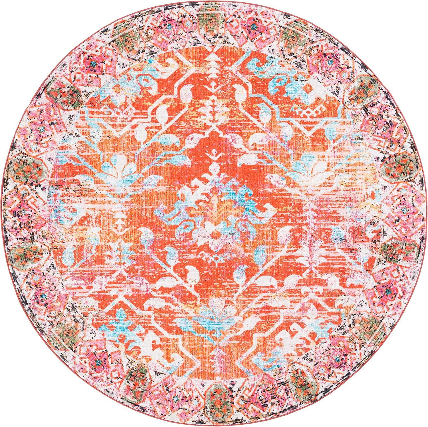 image:imageSAFAVIEH Washable Rug Riviera Collection 67 Square Orange amp Light Blue Slip Resistant amp Easy to Clean Ideal for Living Room Bedroom Office Kids Playroom Dining Space RIV117POrangeLight Blue