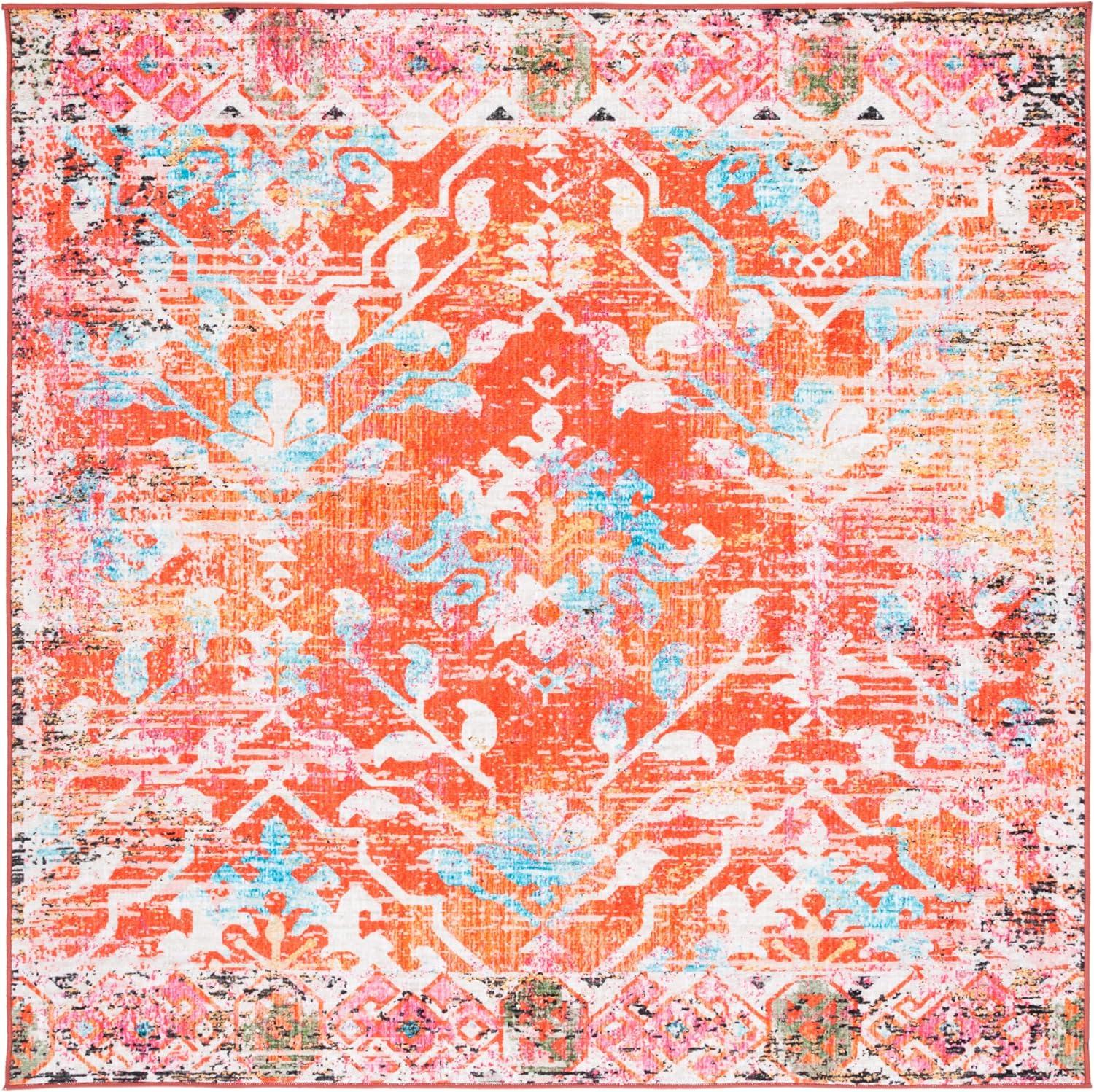 image:imageSAFAVIEH Washable Rug Riviera Collection 67 Square Orange amp Light Blue Slip Resistant amp Easy to Clean Ideal for Living Room Bedroom Office Kids Playroom Dining Space RIV117POrangeLight Blue