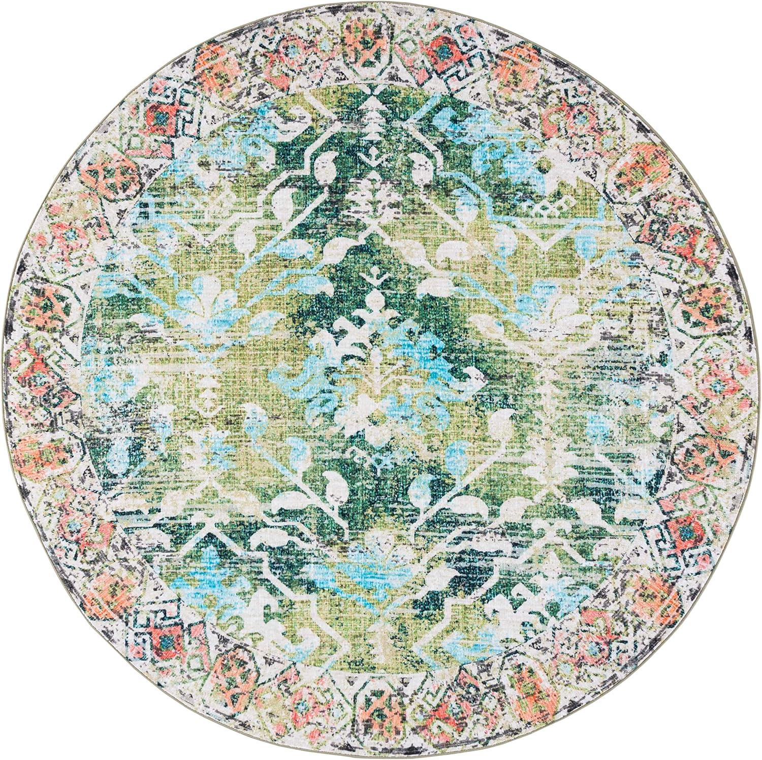 image:imageSAFAVIEH Washable Rug Riviera Collection 67 Square Orange amp Light Blue Slip Resistant amp Easy to Clean Ideal for Living Room Bedroom Office Kids Playroom Dining Space RIV117PGreenLight Blue