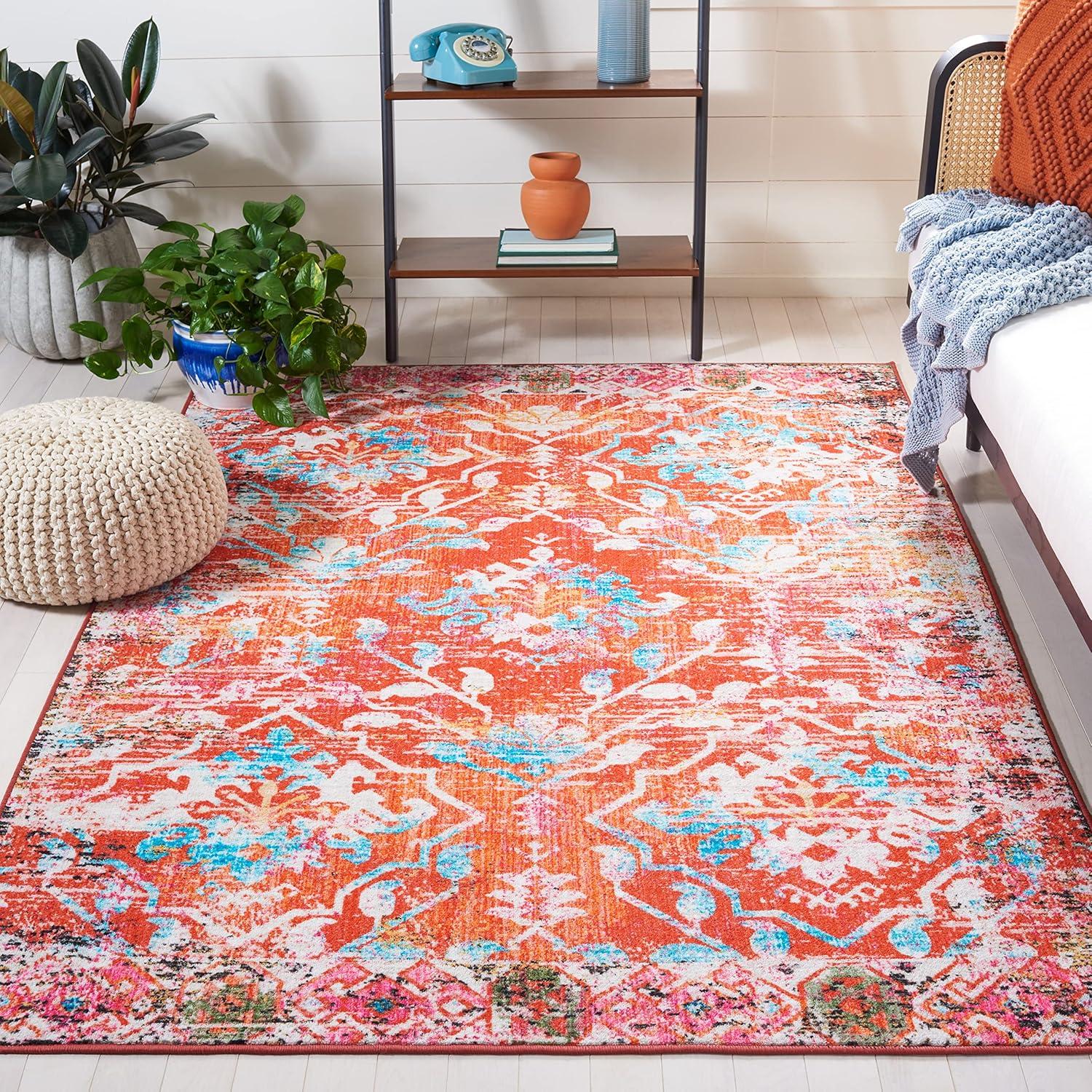 image:imageSAFAVIEH Washable Rug Riviera Collection 67 Square Orange amp Light Blue Slip Resistant amp Easy to Clean Ideal for Living Room Bedroom Office Kids Playroom Dining Space RIV117POrangeLight Blue