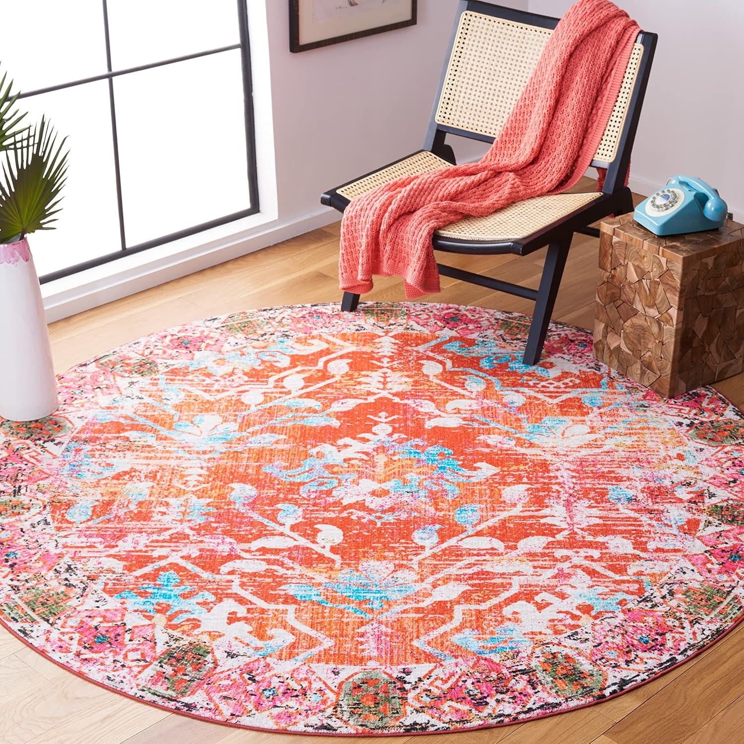 image:imageSAFAVIEH Washable Rug Riviera Collection 67 Square Orange amp Light Blue Slip Resistant amp Easy to Clean Ideal for Living Room Bedroom Office Kids Playroom Dining Space RIV117POrangeLight Blue