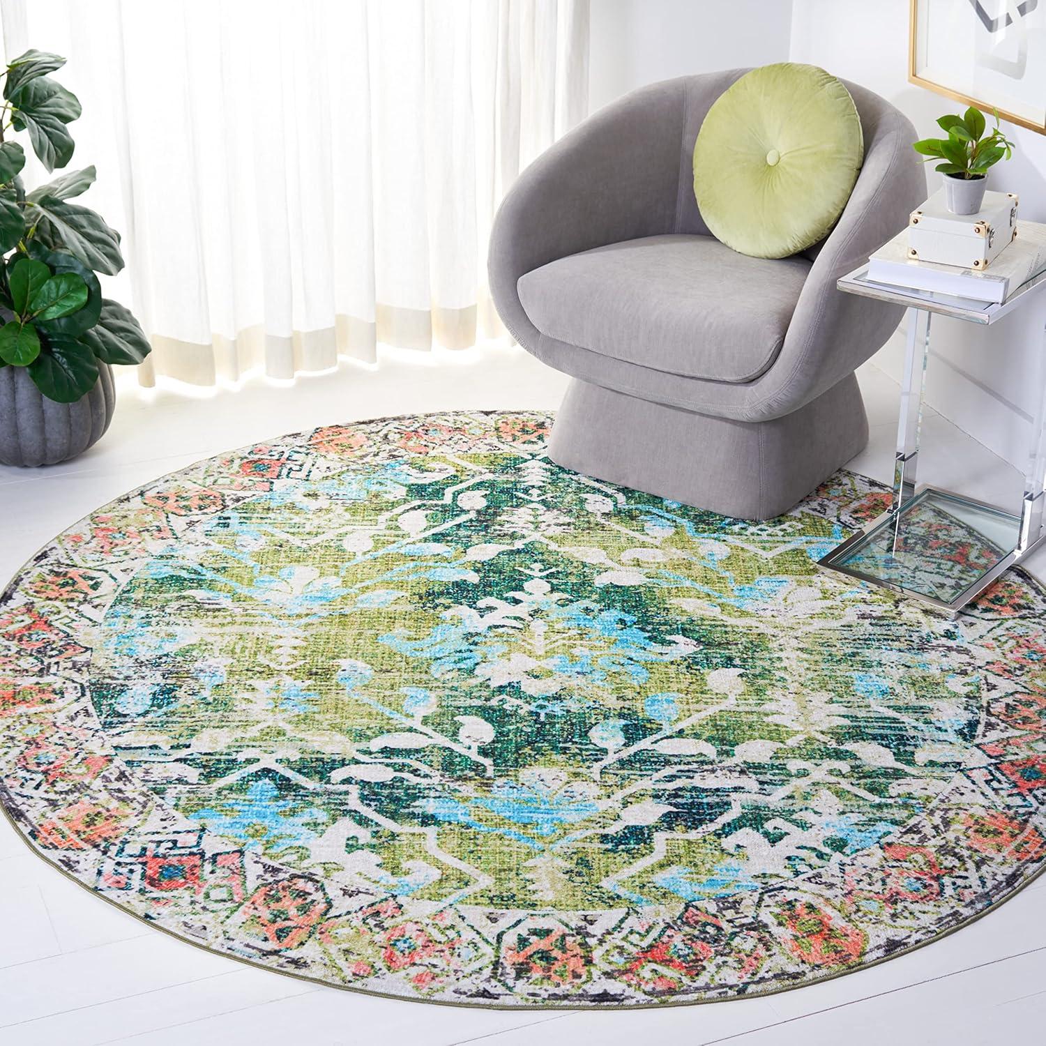 image:imageSAFAVIEH Washable Rug Riviera Collection 67 Square Orange amp Light Blue Slip Resistant amp Easy to Clean Ideal for Living Room Bedroom Office Kids Playroom Dining Space RIV117PGreenLight Blue