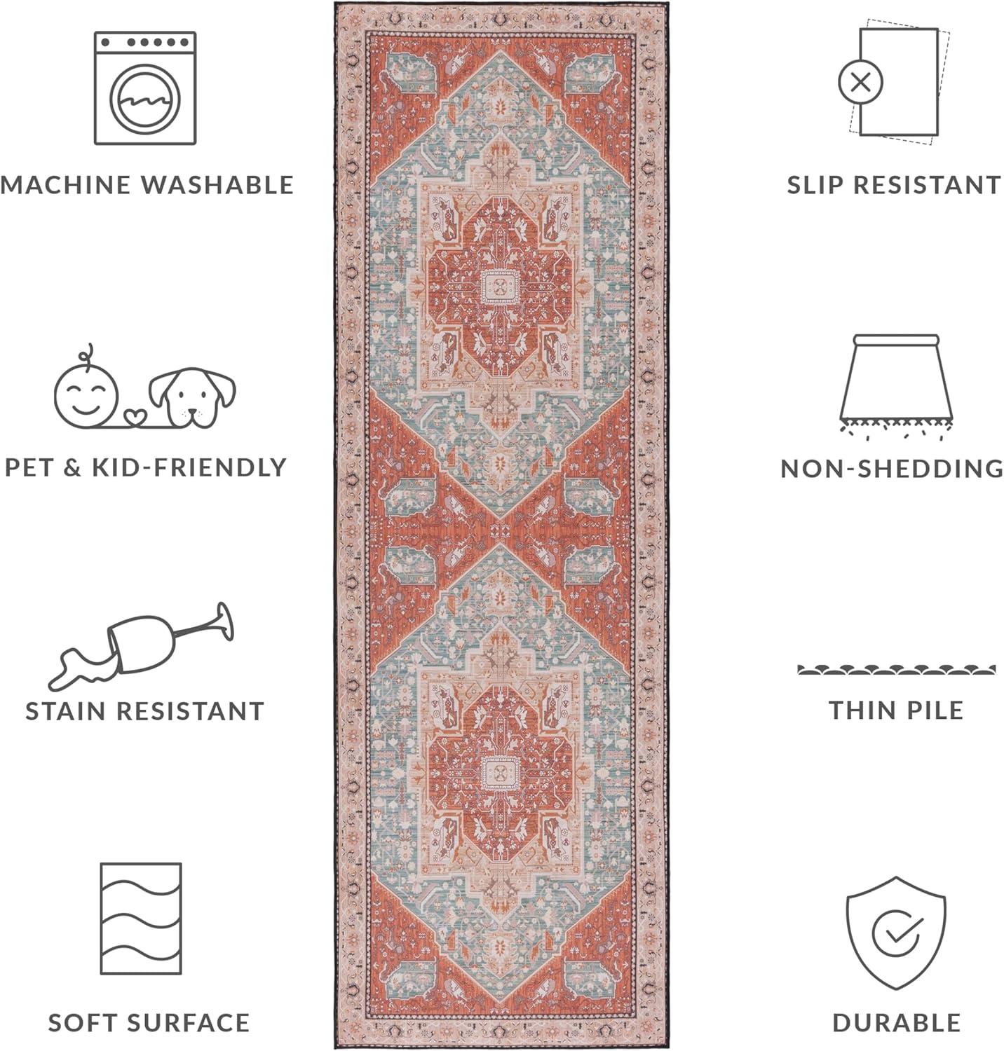 image:imageSAFAVIEH Washable Rug Tucson Collection 8 x 10 Aqua amp Rust Slip Resistant amp Easy to Clean Ideal for Living Room Bedroom Dining Space TSN150JAquaRust