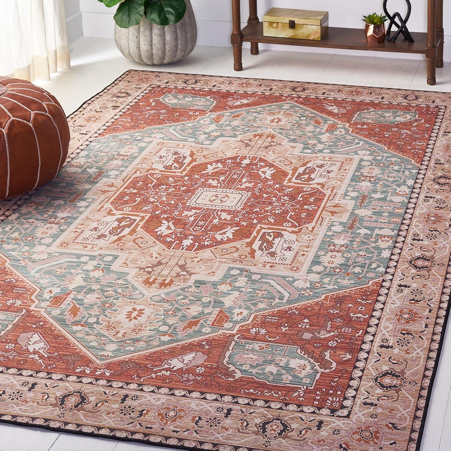 image:imageSAFAVIEH Washable Rug Tucson Collection 8 x 10 Aqua amp Rust Slip Resistant amp Easy to Clean Ideal for Living Room Bedroom Dining Space TSN150JAquaRust