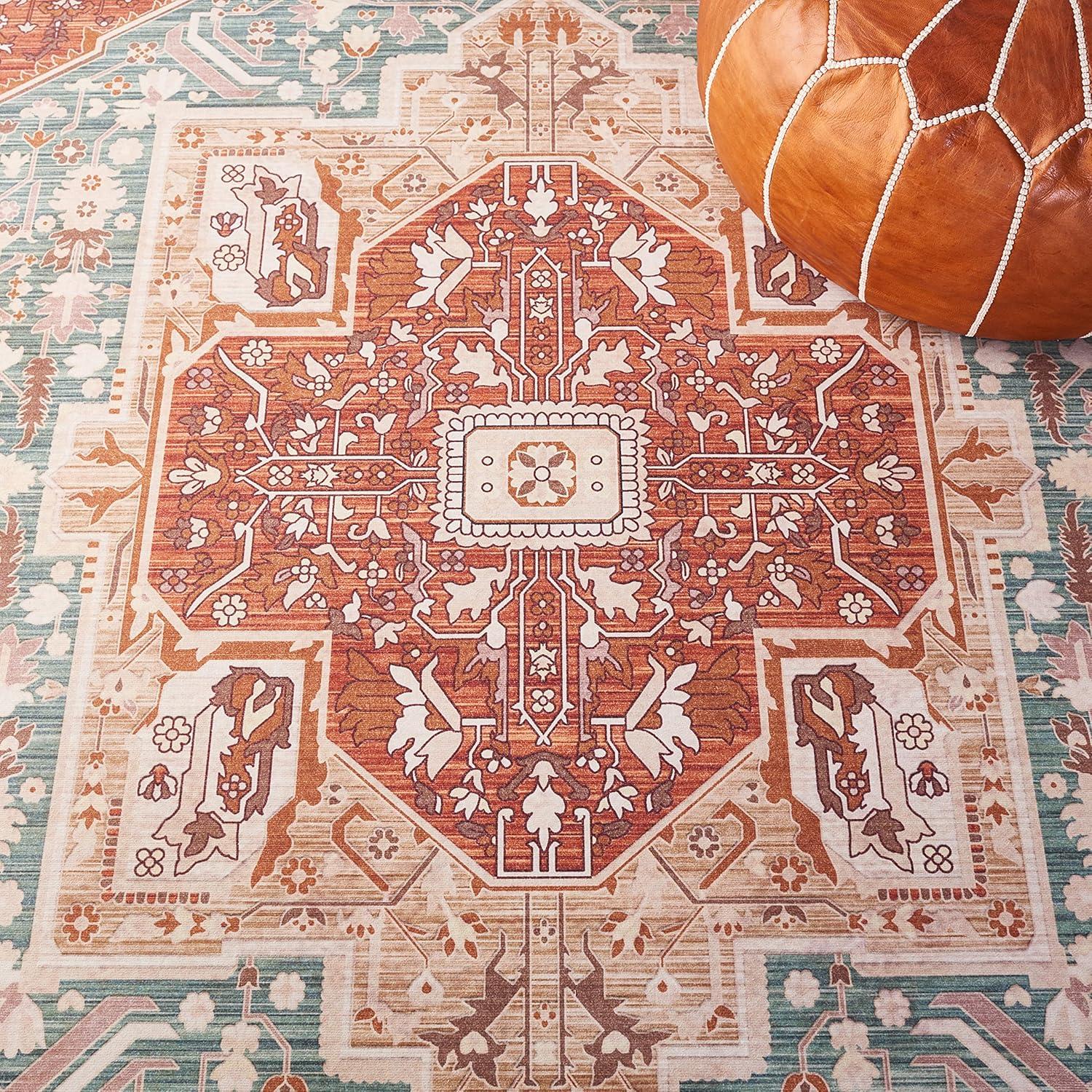 image:imageSAFAVIEH Washable Rug Tucson Collection 8 x 10 Aqua amp Rust Slip Resistant amp Easy to Clean Ideal for Living Room Bedroom Dining Space TSN150JAquaRust