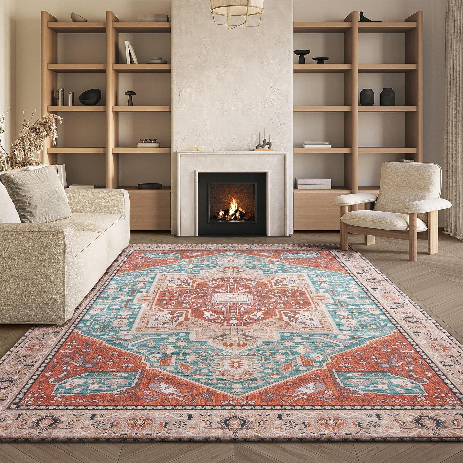 image:imageSAFAVIEH Washable Rug Tucson Collection 8 x 10 Aqua amp Rust Slip Resistant amp Easy to Clean Ideal for Living Room Bedroom Dining Space TSN150JAquaRust