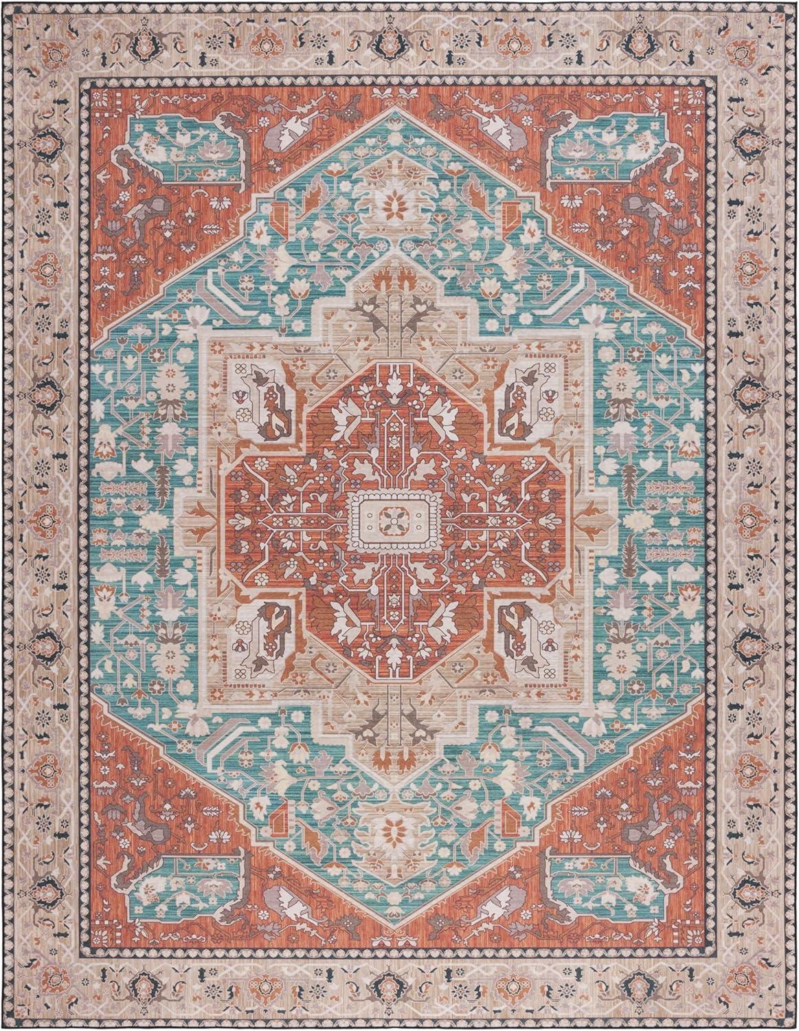image:imageSAFAVIEH Washable Rug Tucson Collection 8 x 10 Aqua amp Rust Slip Resistant amp Easy to Clean Ideal for Living Room Bedroom Dining Space TSN150JAquaRust