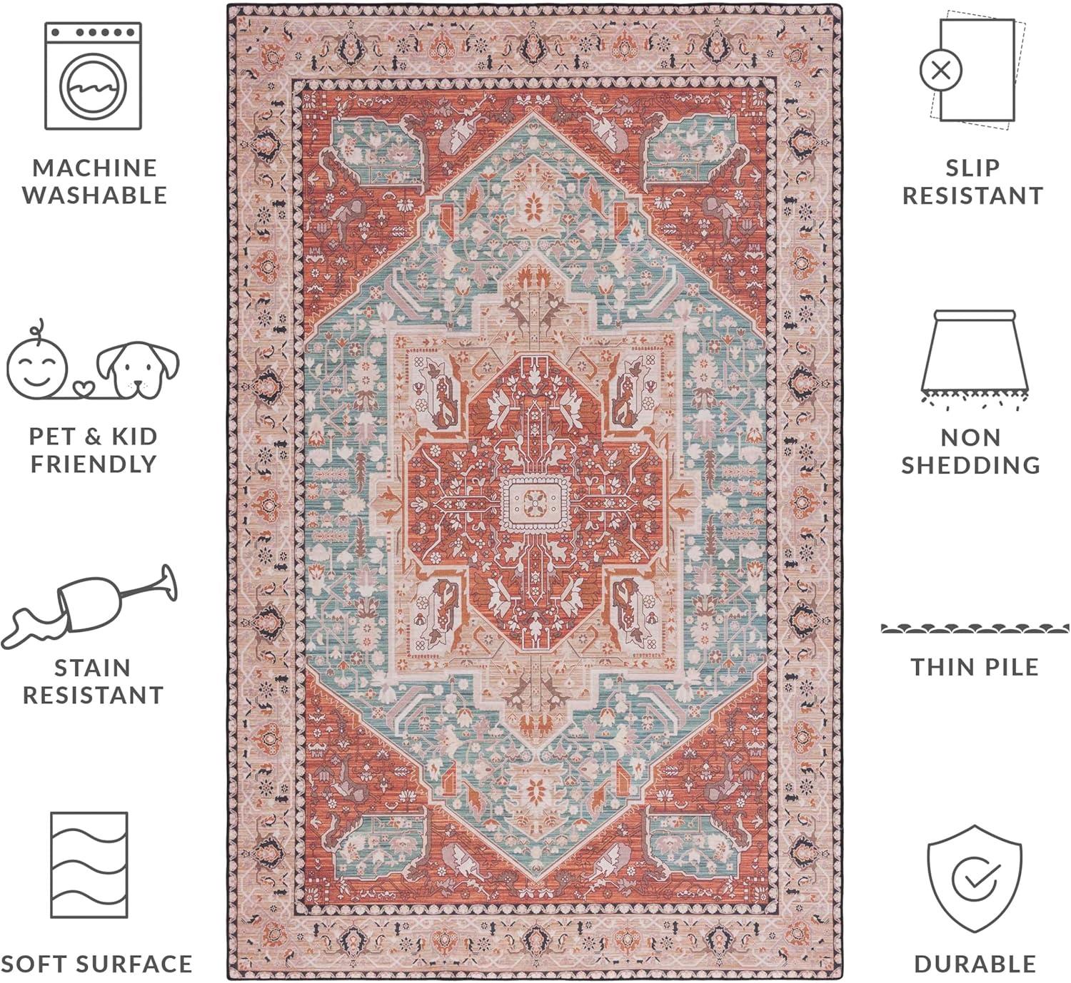 image:imageSAFAVIEH Washable Rug Tucson Collection 8 x 10 Aqua amp Rust Slip Resistant amp Easy to Clean Ideal for Living Room Bedroom Dining Space TSN150JAquaRust