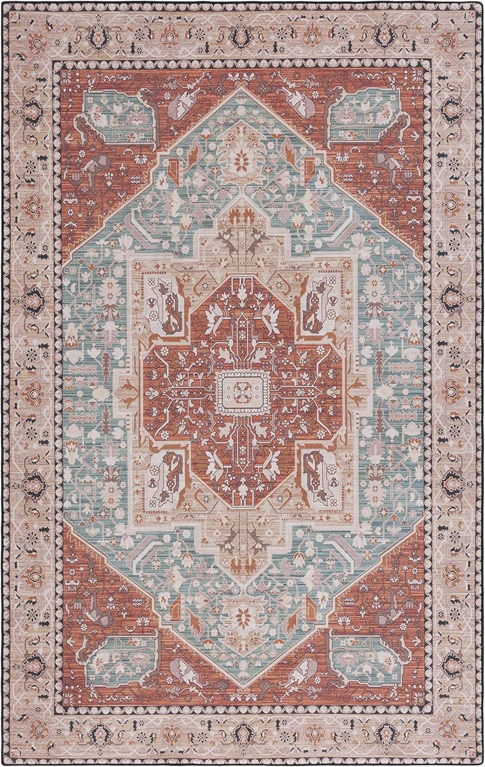 image:imageSAFAVIEH Washable Rug Tucson Collection 8 x 10 Aqua amp Rust Slip Resistant amp Easy to Clean Ideal for Living Room Bedroom Dining Space TSN150JAquaRust