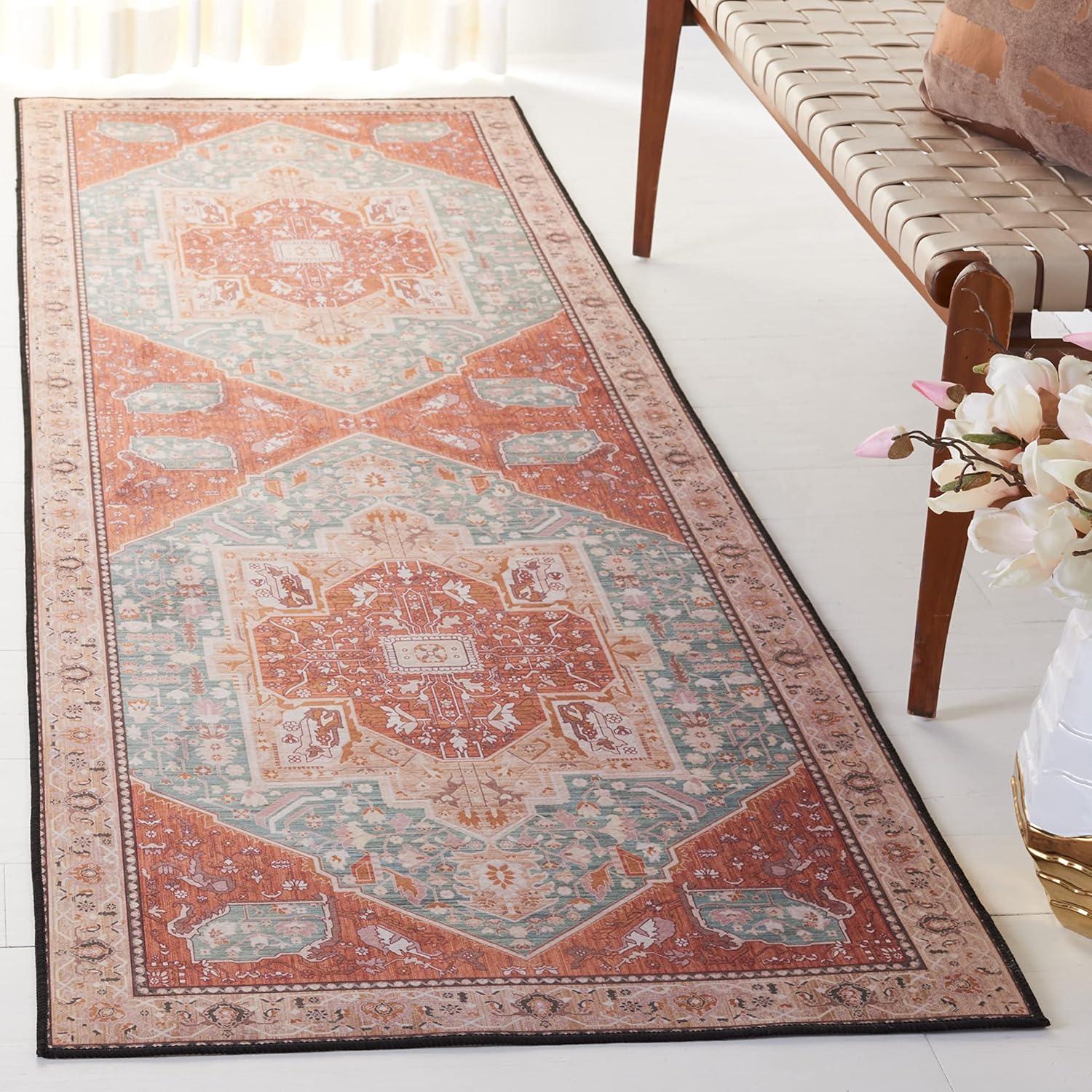 image:imageSAFAVIEH Washable Rug Tucson Collection 8 x 10 Aqua amp Rust Slip Resistant amp Easy to Clean Ideal for Living Room Bedroom Dining Space TSN150JAquaRust