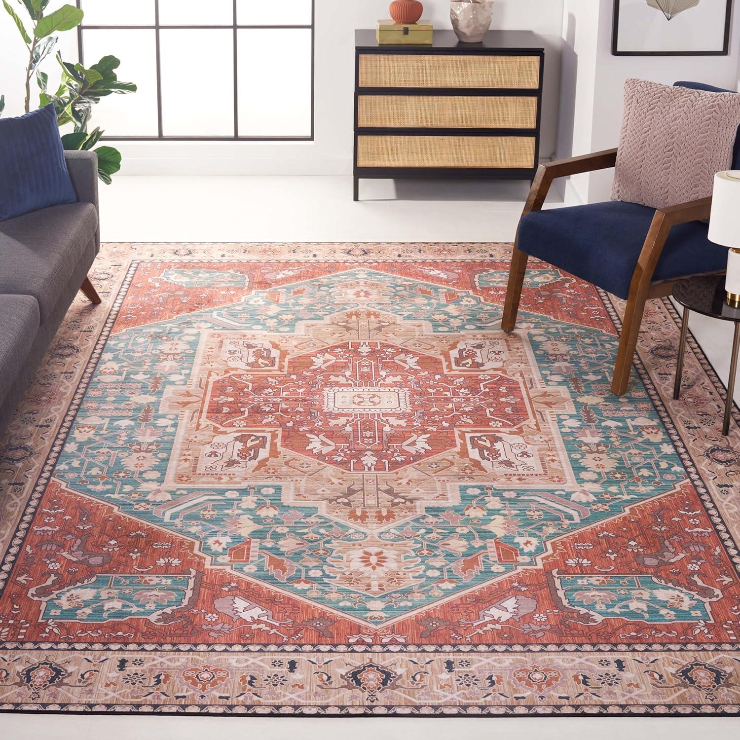 image:imageSAFAVIEH Washable Rug Tucson Collection 8 x 10 Aqua amp Rust Slip Resistant amp Easy to Clean Ideal for Living Room Bedroom Dining Space TSN150JAquaRust