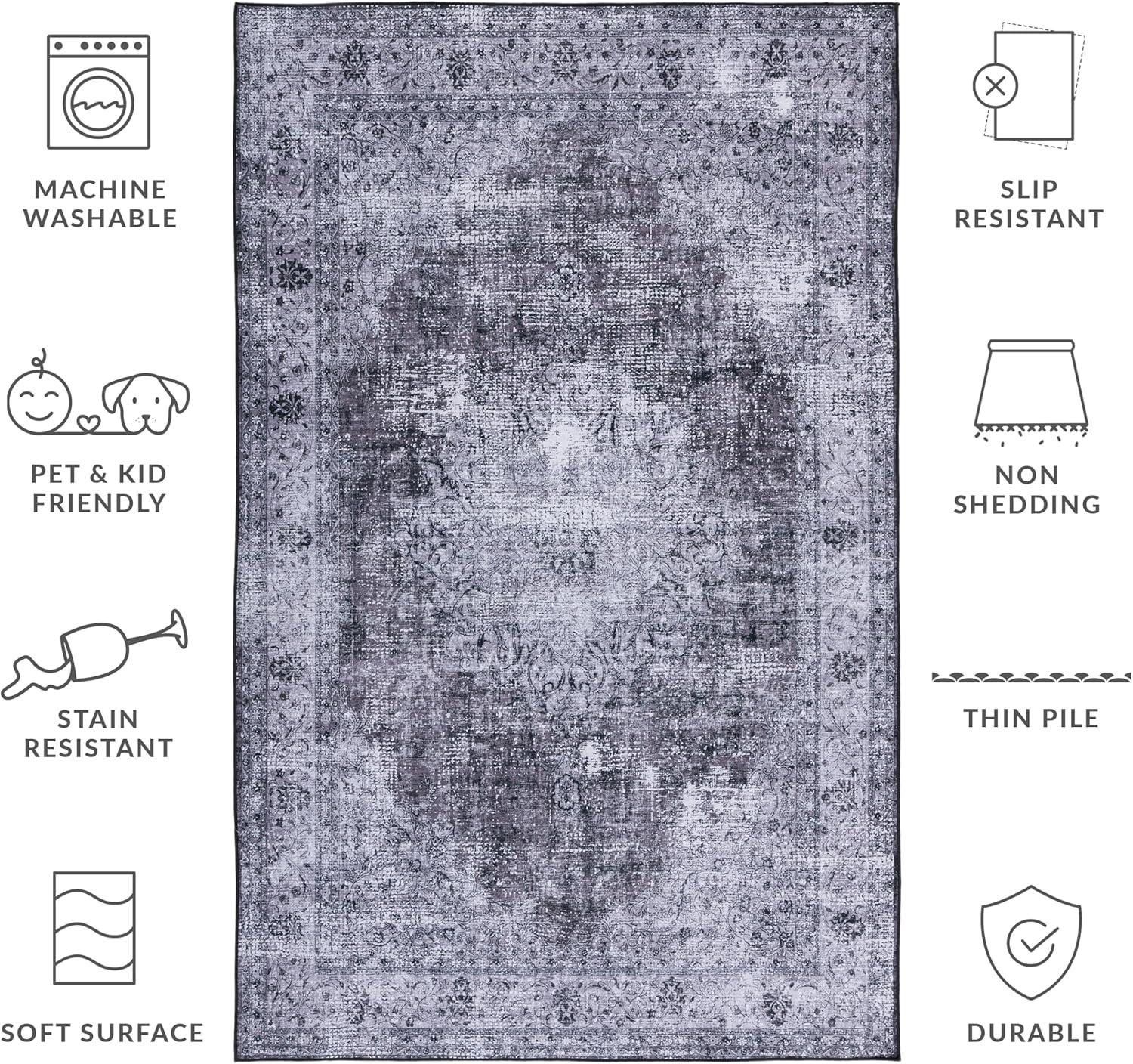 image:imageSAFAVIEH Washable Rug Tucson Collection 8 x 10 Black amp Grey Slip Resistant amp Easy to Clean Ideal for Living Room Bedroom Dining Space TSN190ZBlackGrey