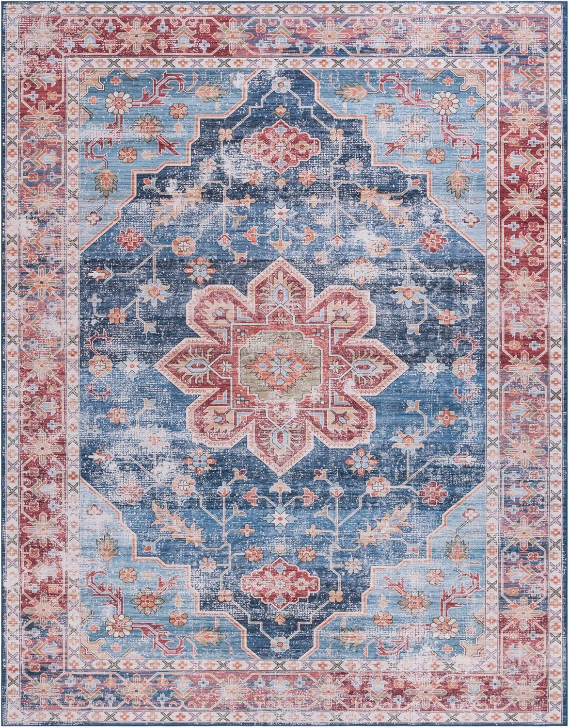 image:imageSAFAVIEH Washable Rug Tucson Collection 8 x 10 Blue amp Rust Slip Resistant amp Easy to Clean Ideal for Living Room Bedroom Dining Space TSN110MBlueRust