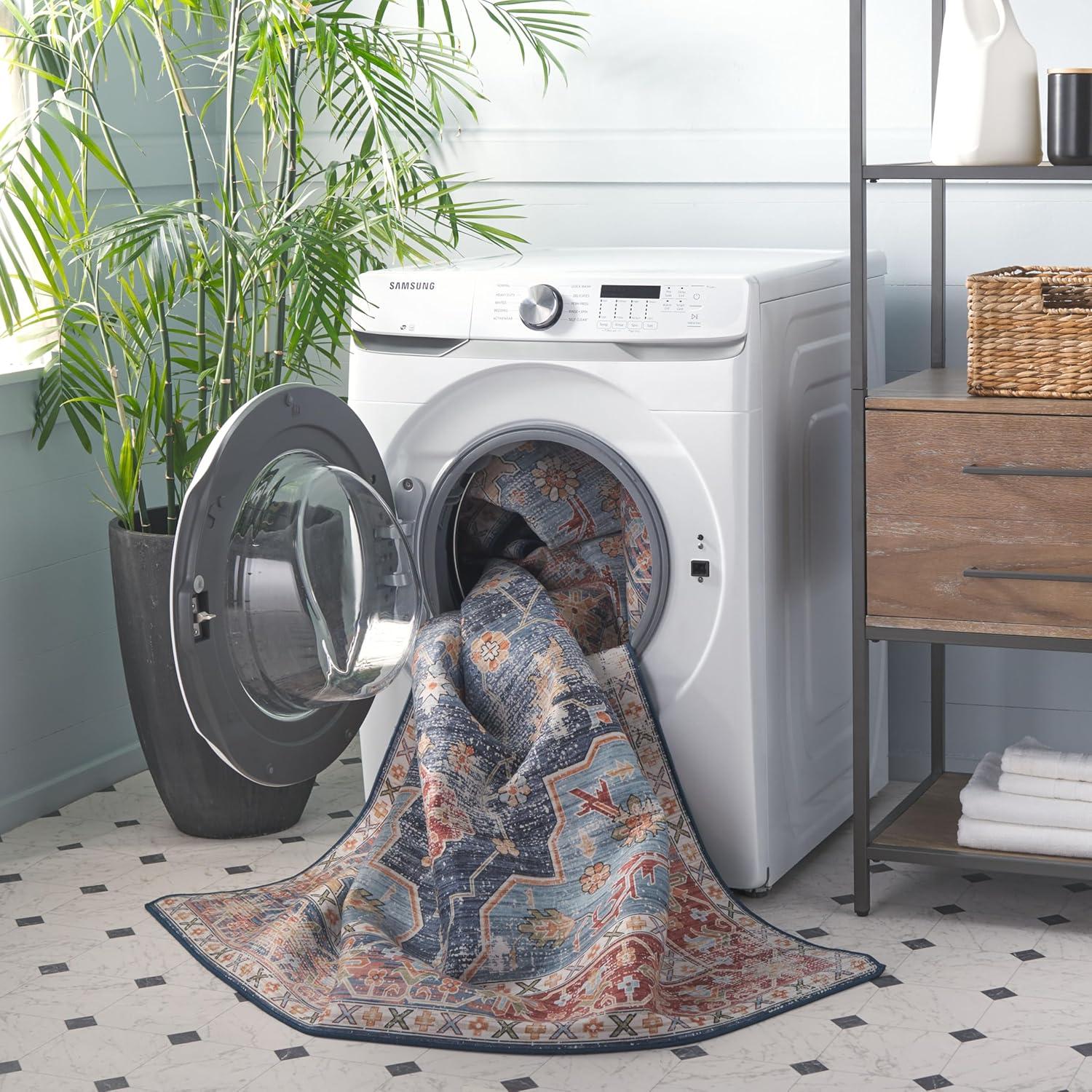 image:imageSAFAVIEH Washable Rug Tucson Collection 8 x 10 Blue amp Rust Slip Resistant amp Easy to Clean Ideal for Living Room Bedroom Dining Space TSN110MBlueRust