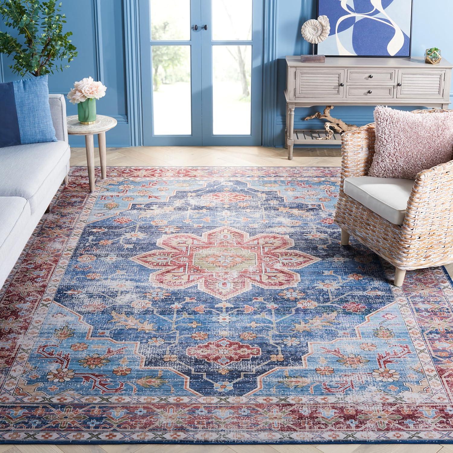 image:imageSAFAVIEH Washable Rug Tucson Collection 8 x 10 Blue amp Rust Slip Resistant amp Easy to Clean Ideal for Living Room Bedroom Dining Space TSN110MBlueRust