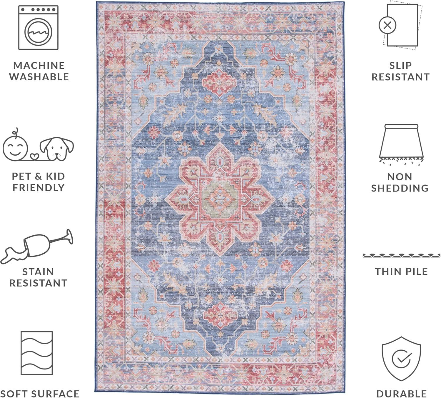 image:imageSAFAVIEH Washable Rug Tucson Collection 8 x 10 Blue amp Rust Slip Resistant amp Easy to Clean Ideal for Living Room Bedroom Dining Space TSN110MBlueRust