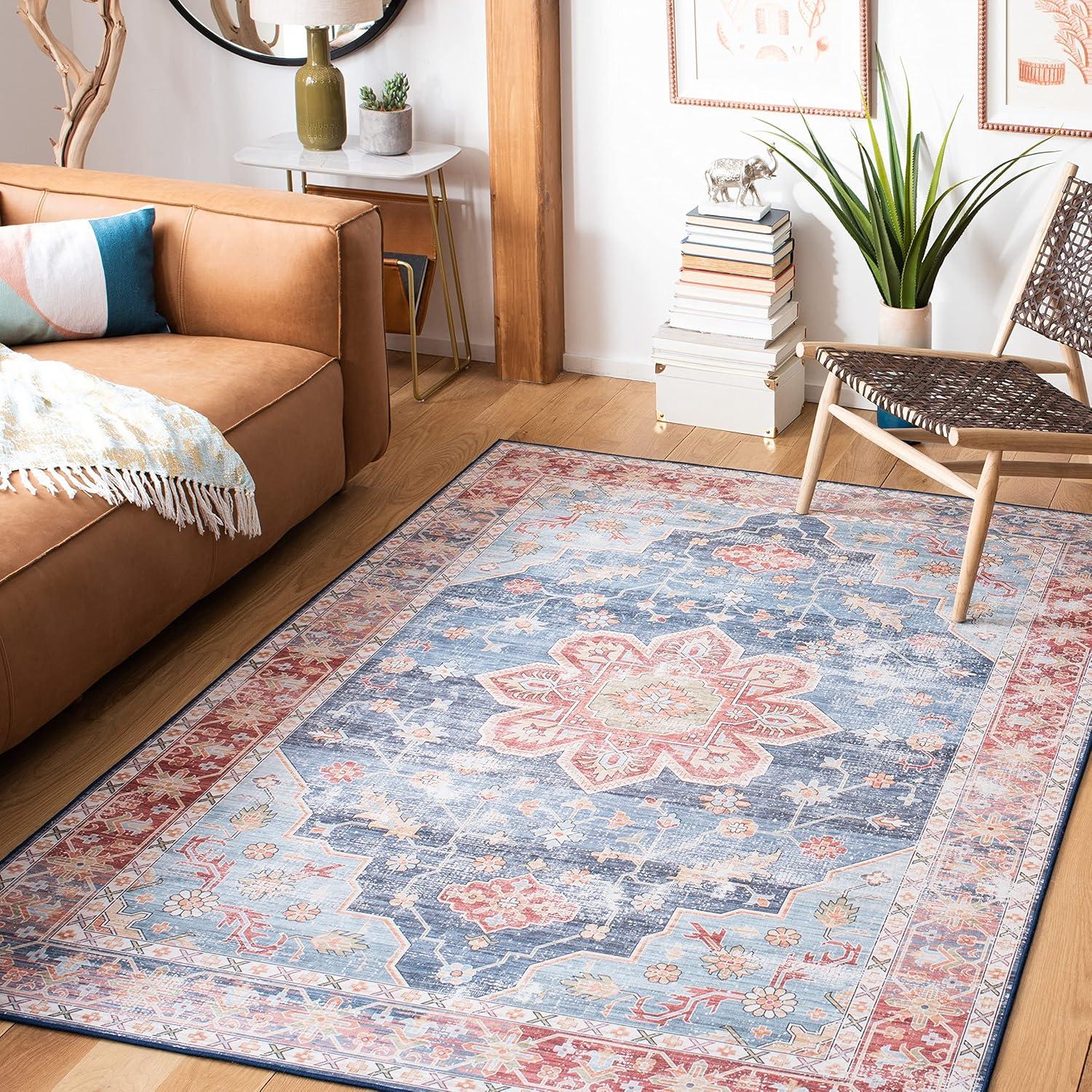 image:imageSAFAVIEH Washable Rug Tucson Collection 8 x 10 Blue amp Rust Slip Resistant amp Easy to Clean Ideal for Living Room Bedroom Dining Space TSN110MBlueRust
