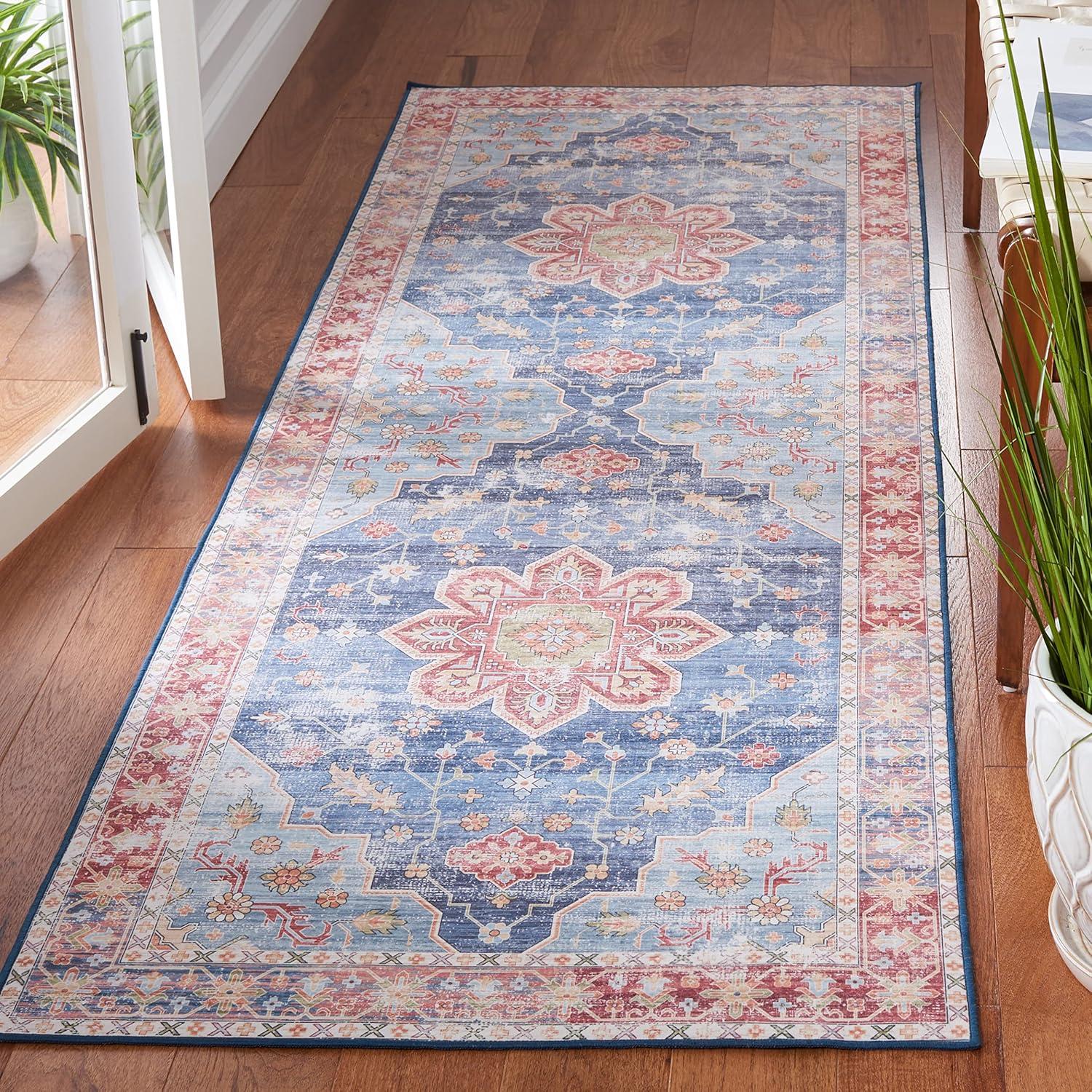 image:imageSAFAVIEH Washable Rug Tucson Collection 8 x 10 Blue amp Rust Slip Resistant amp Easy to Clean Ideal for Living Room Bedroom Dining Space TSN110MBlueRust