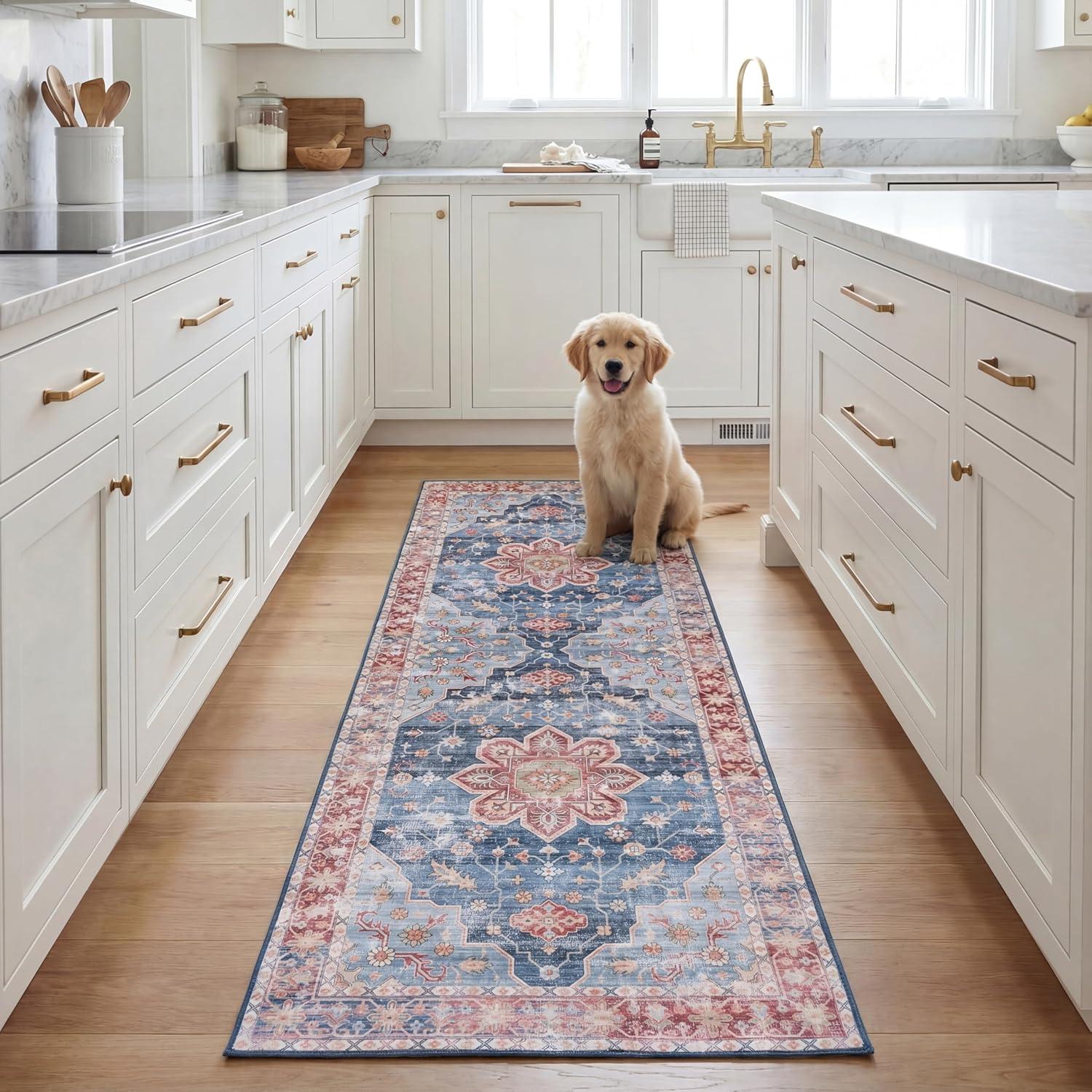 image:imageSAFAVIEH Washable Rug Tucson Collection 8 x 10 Blue amp Rust Slip Resistant amp Easy to Clean Ideal for Living Room Bedroom Dining Space TSN110MBlueRust