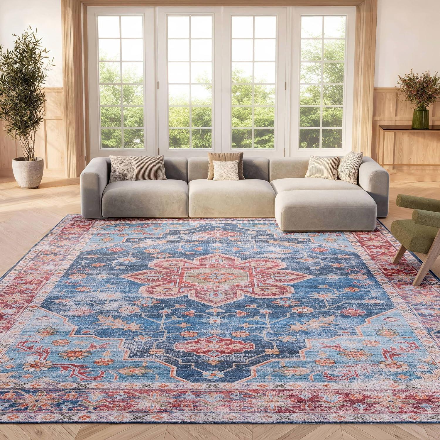 image:imageSAFAVIEH Washable Rug Tucson Collection 8 x 10 Blue amp Rust Slip Resistant amp Easy to Clean Ideal for Living Room Bedroom Dining Space TSN110MBlueRust
