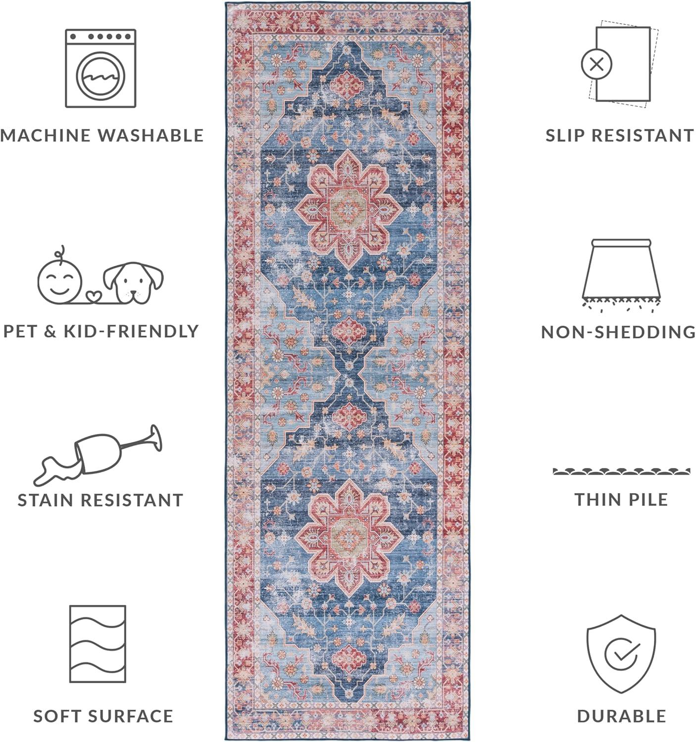 image:imageSAFAVIEH Washable Rug Tucson Collection 8 x 10 Blue amp Rust Slip Resistant amp Easy to Clean Ideal for Living Room Bedroom Dining Space TSN110MBlueRust
