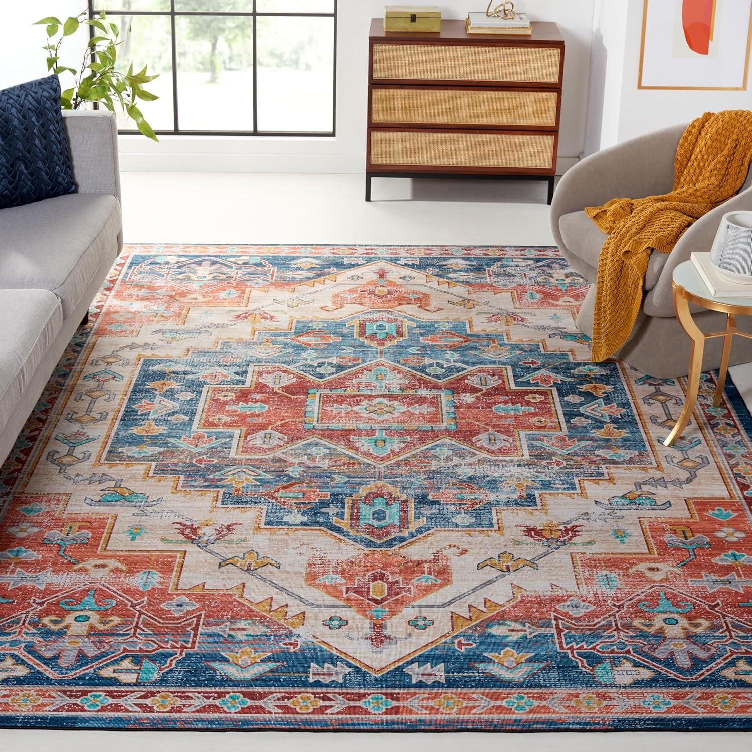 image:imageSAFAVIEH Washable Rug Tucson Collection 8 x 10 Blue amp Rust Slip Resistant amp Easy to Clean Ideal for Living Room Bedroom Dining Space TSN116MBlueRust