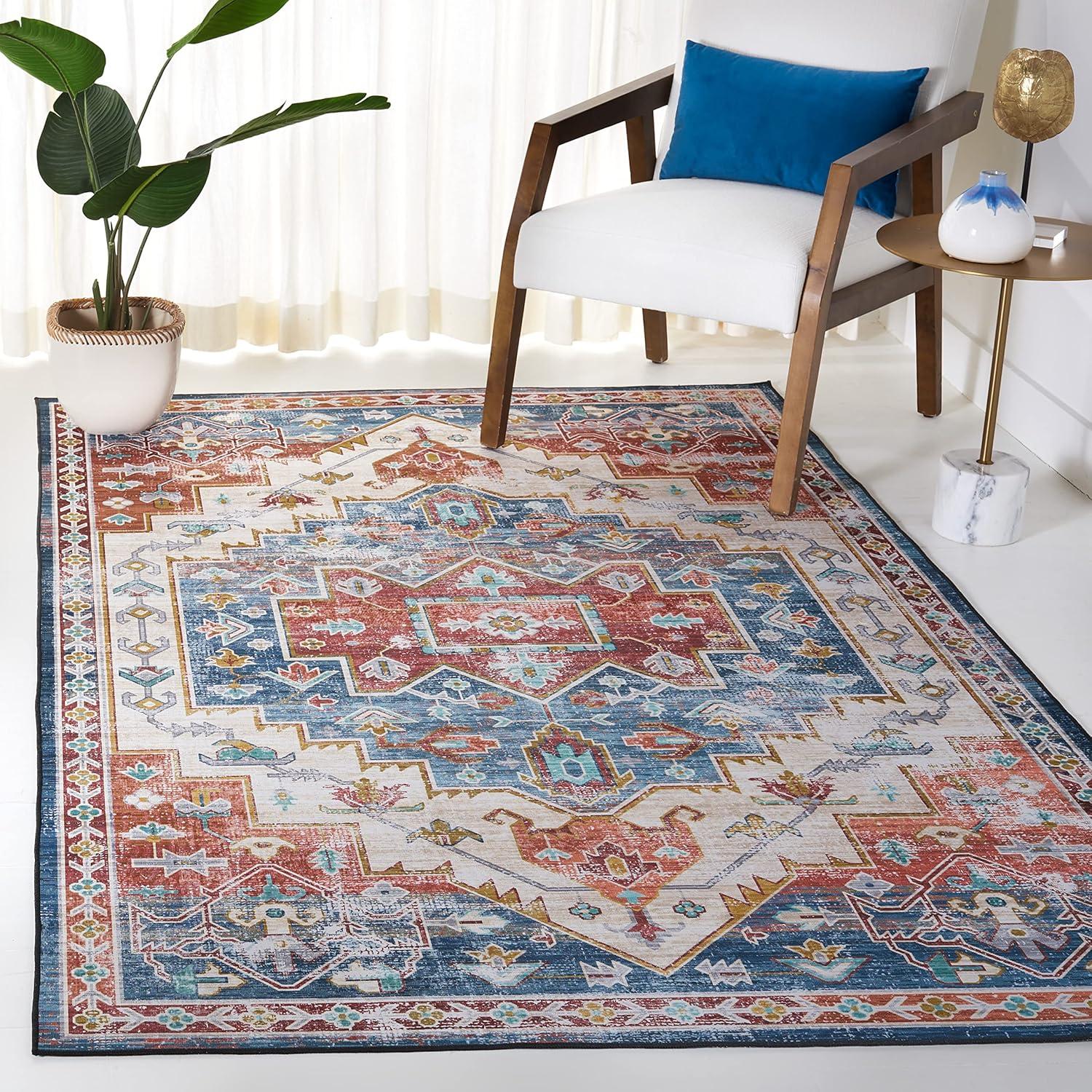 image:imageSAFAVIEH Washable Rug Tucson Collection 8 x 10 Blue amp Rust Slip Resistant amp Easy to Clean Ideal for Living Room Bedroom Dining Space TSN116MBlueRust