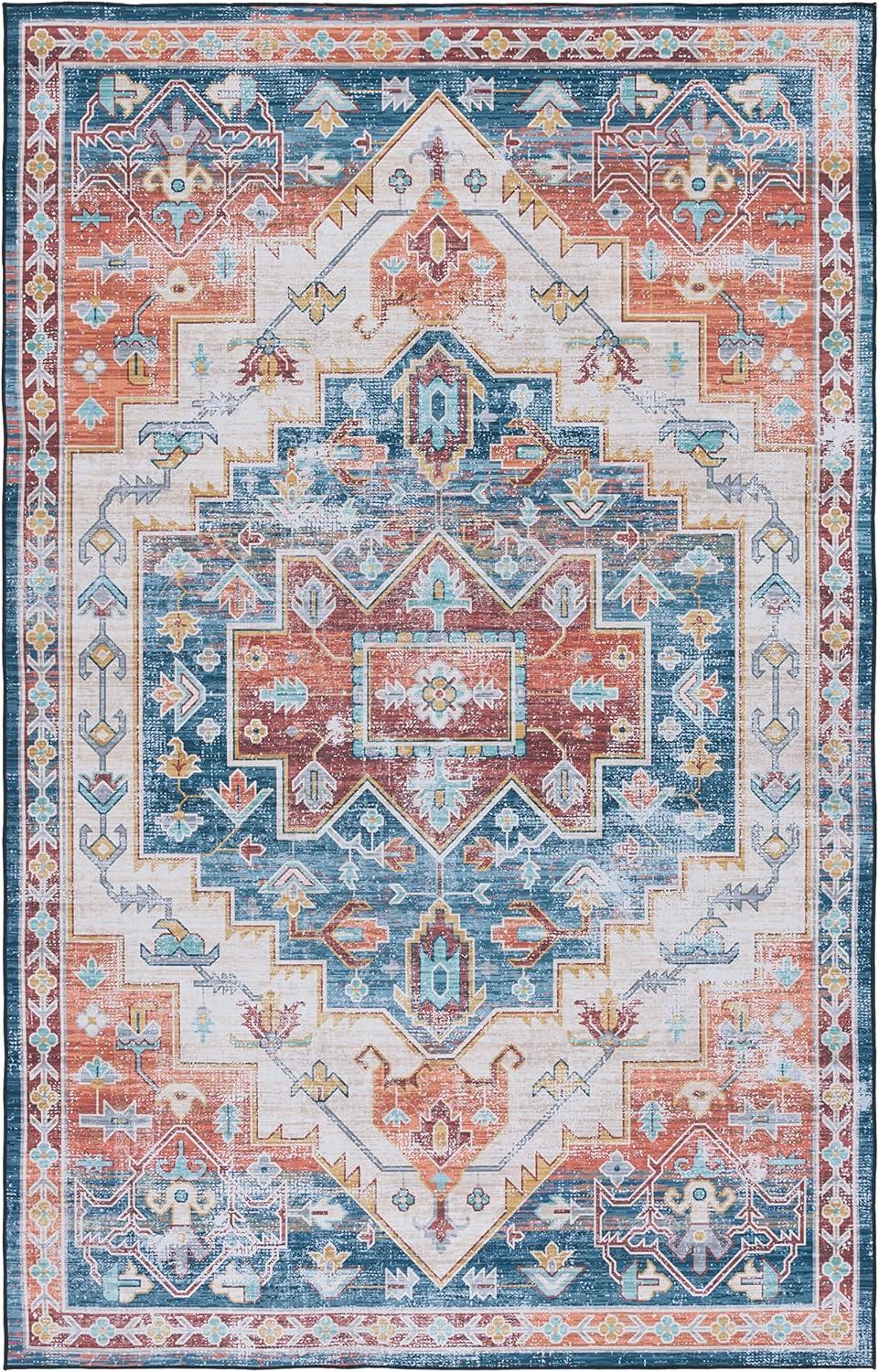 image:imageSAFAVIEH Washable Rug Tucson Collection 8 x 10 Blue amp Rust Slip Resistant amp Easy to Clean Ideal for Living Room Bedroom Dining Space TSN116MBlueRust