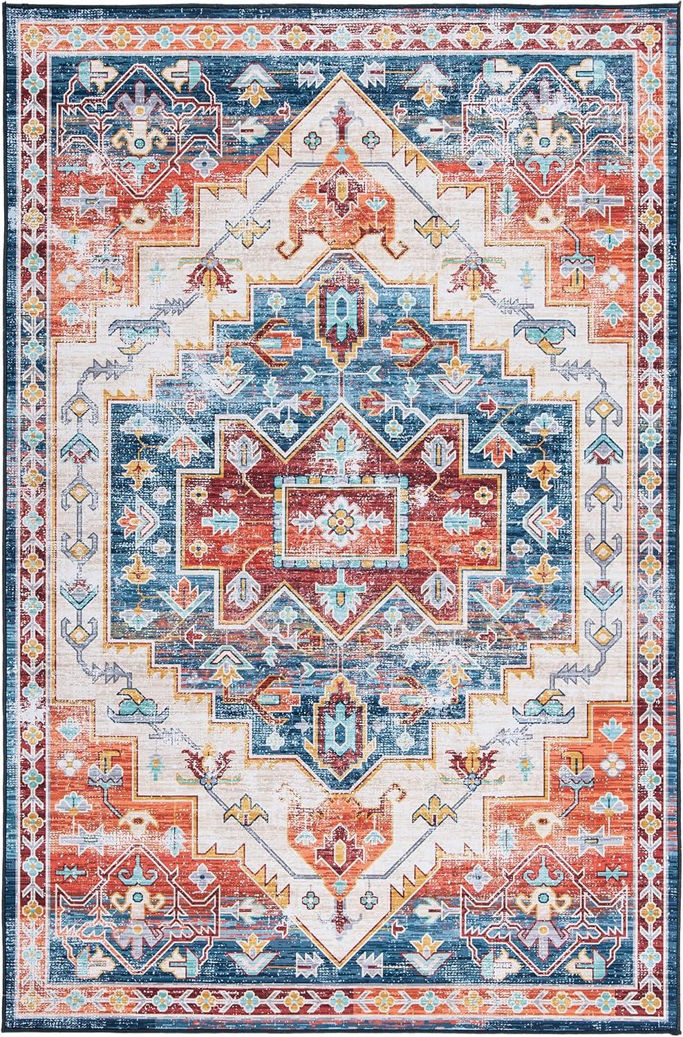 image:imageSAFAVIEH Washable Rug Tucson Collection 8 x 10 Blue amp Rust Slip Resistant amp Easy to Clean Ideal for Living Room Bedroom Dining Space TSN116MBlueRust
