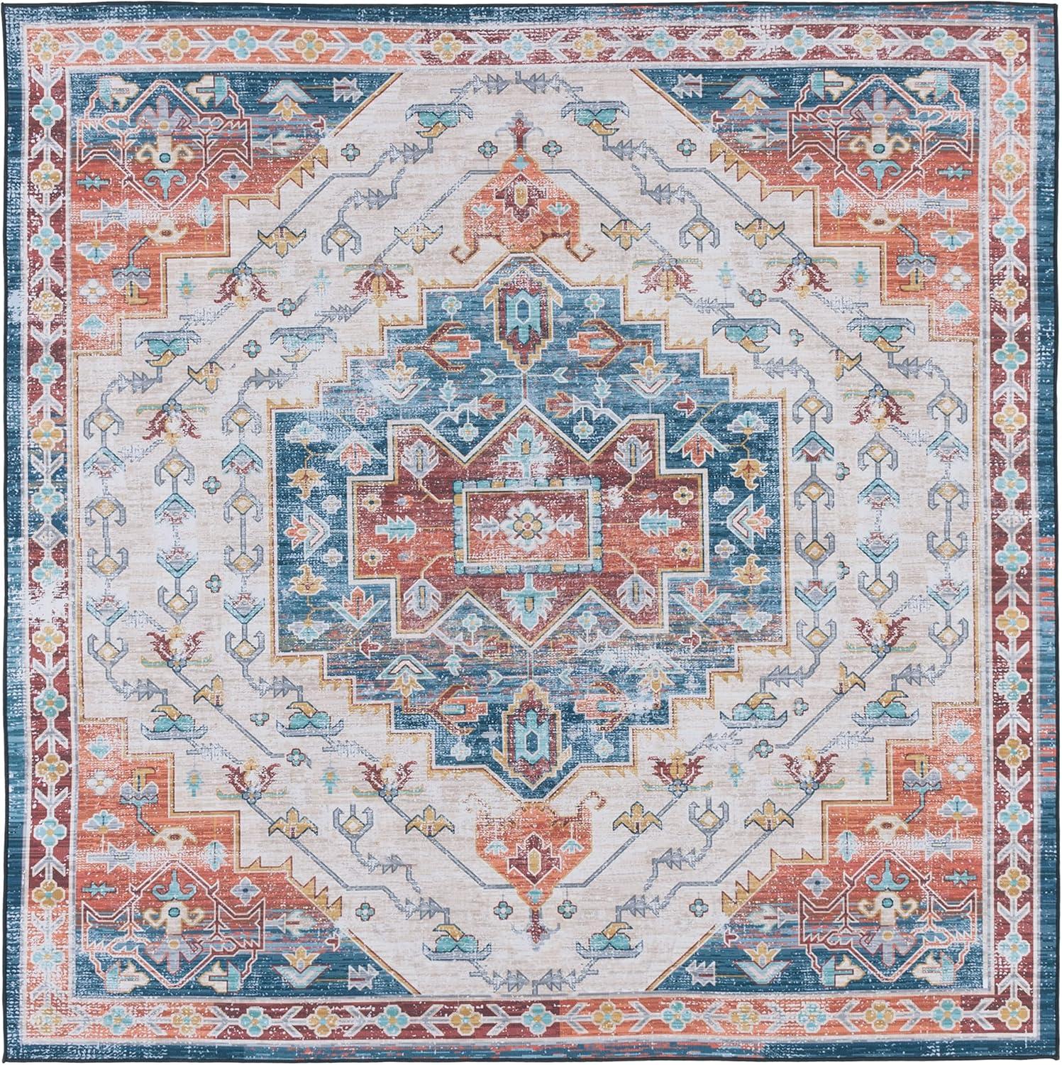 image:imageSAFAVIEH Washable Rug Tucson Collection 8 x 10 Blue amp Rust Slip Resistant amp Easy to Clean Ideal for Living Room Bedroom Dining Space TSN116MBlueRust