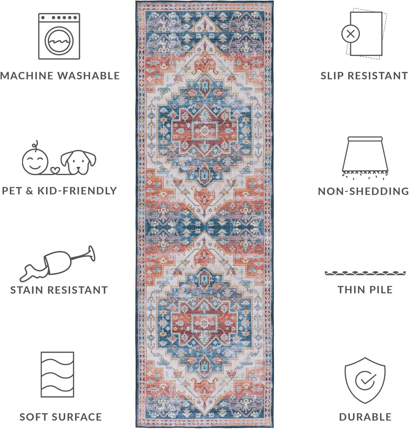 image:imageSAFAVIEH Washable Rug Tucson Collection 8 x 10 Blue amp Rust Slip Resistant amp Easy to Clean Ideal for Living Room Bedroom Dining Space TSN116MBlueRust