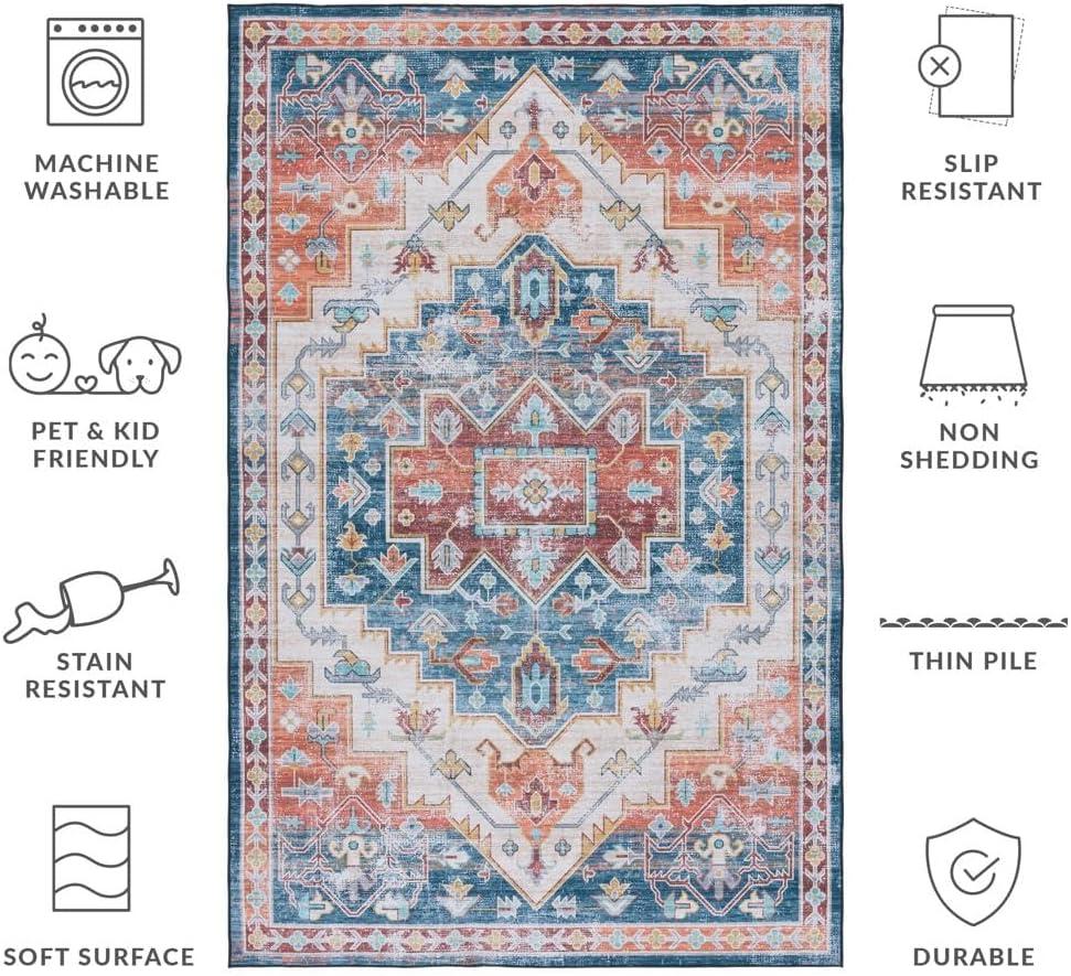 image:imageSAFAVIEH Washable Rug Tucson Collection 8 x 10 Blue amp Rust Slip Resistant amp Easy to Clean Ideal for Living Room Bedroom Dining Space TSN116MBlueRust