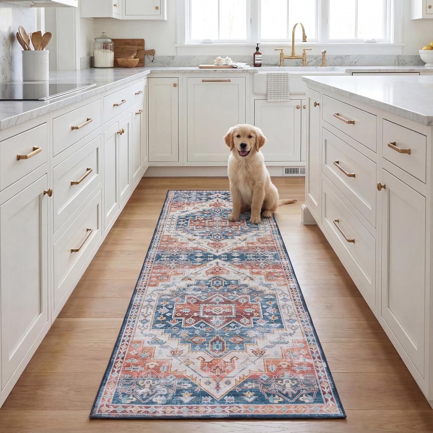 image:imageSAFAVIEH Washable Rug Tucson Collection 8 x 10 Blue amp Rust Slip Resistant amp Easy to Clean Ideal for Living Room Bedroom Dining Space TSN116MBlueRust