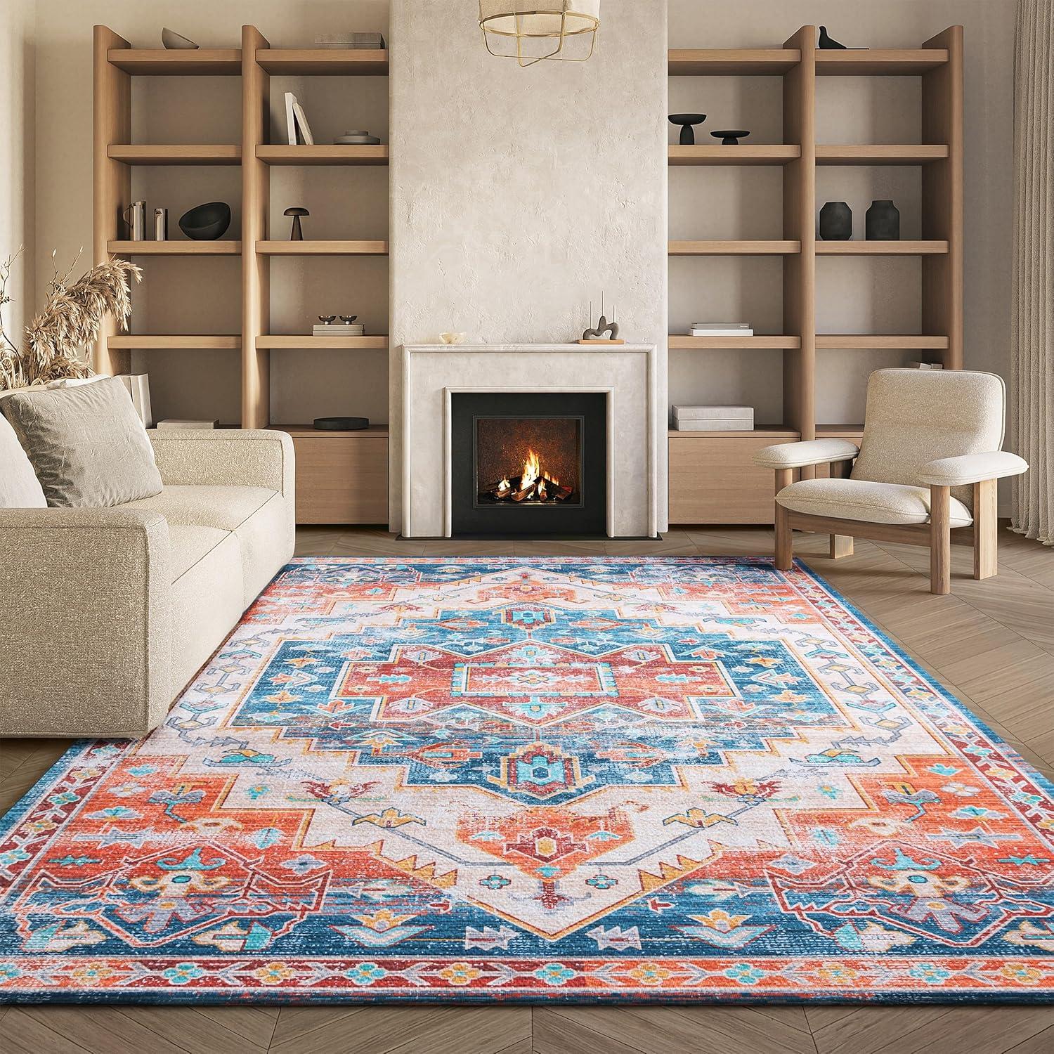 image:imageSAFAVIEH Washable Rug Tucson Collection 8 x 10 Blue amp Rust Slip Resistant amp Easy to Clean Ideal for Living Room Bedroom Dining Space TSN116MBlueRust