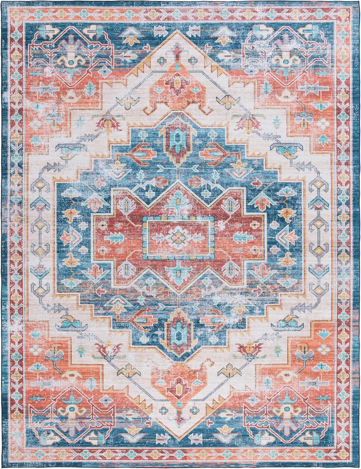 image:imageSAFAVIEH Washable Rug Tucson Collection 8 x 10 Blue amp Rust Slip Resistant amp Easy to Clean Ideal for Living Room Bedroom Dining Space TSN116MBlueRust
