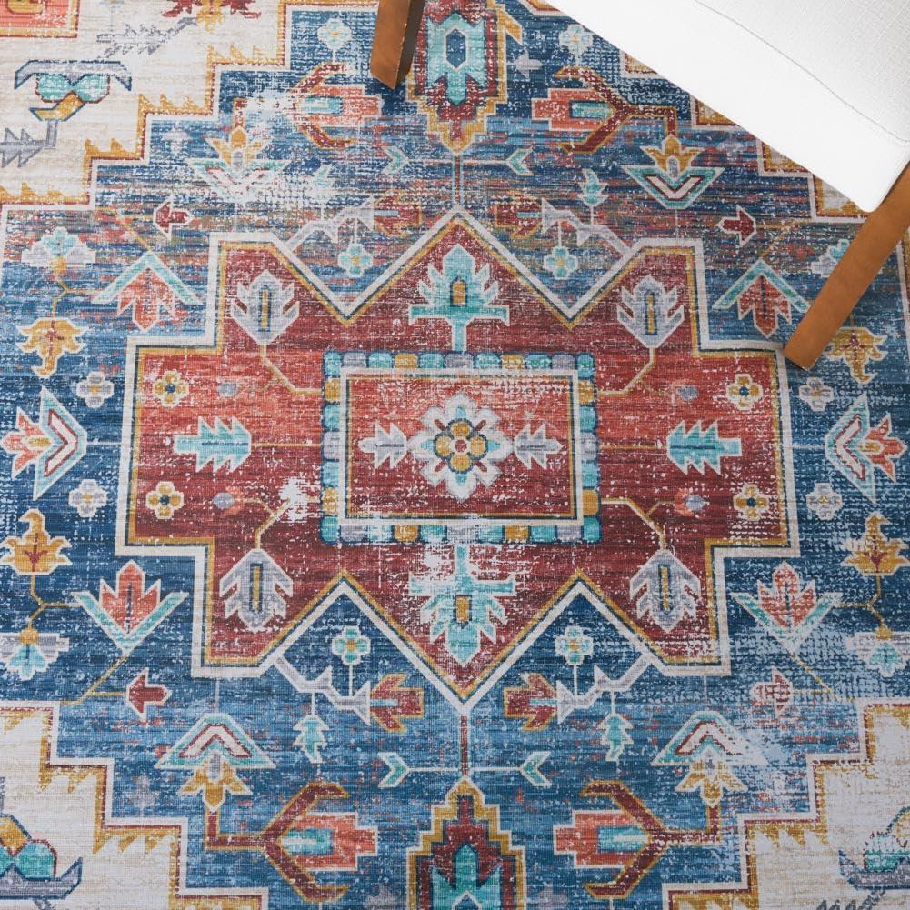 image:imageSAFAVIEH Washable Rug Tucson Collection 8 x 10 Blue amp Rust Slip Resistant amp Easy to Clean Ideal for Living Room Bedroom Dining Space TSN116MBlueRust