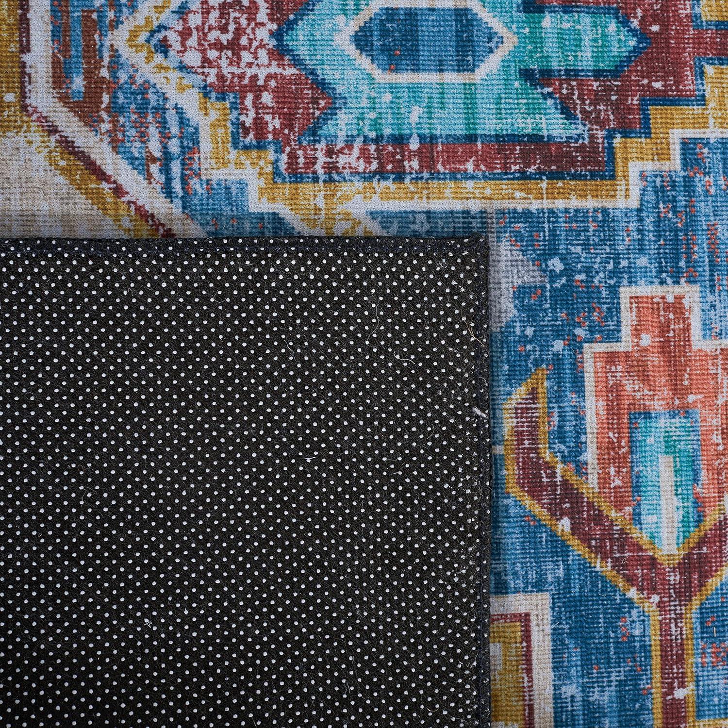 image:imageSAFAVIEH Washable Rug Tucson Collection 8 x 10 Blue amp Rust Slip Resistant amp Easy to Clean Ideal for Living Room Bedroom Dining Space TSN116MBlueRust