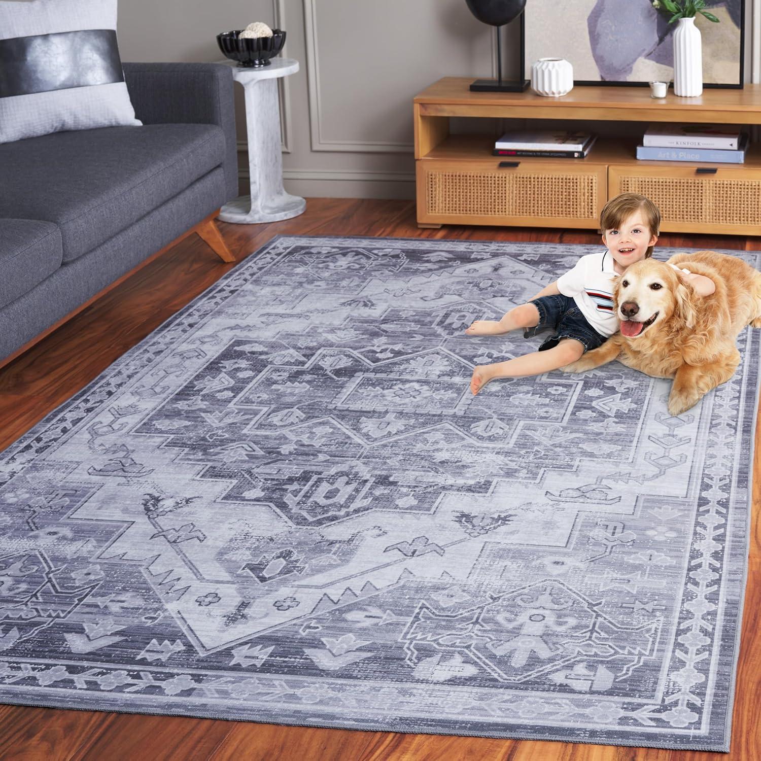 image:imageSAFAVIEH Washable Rug Tucson Collection 8 x 10 Blue amp Rust Slip Resistant amp Easy to Clean Ideal for Living Room Bedroom Dining Space TSN116MGreyLight Grey