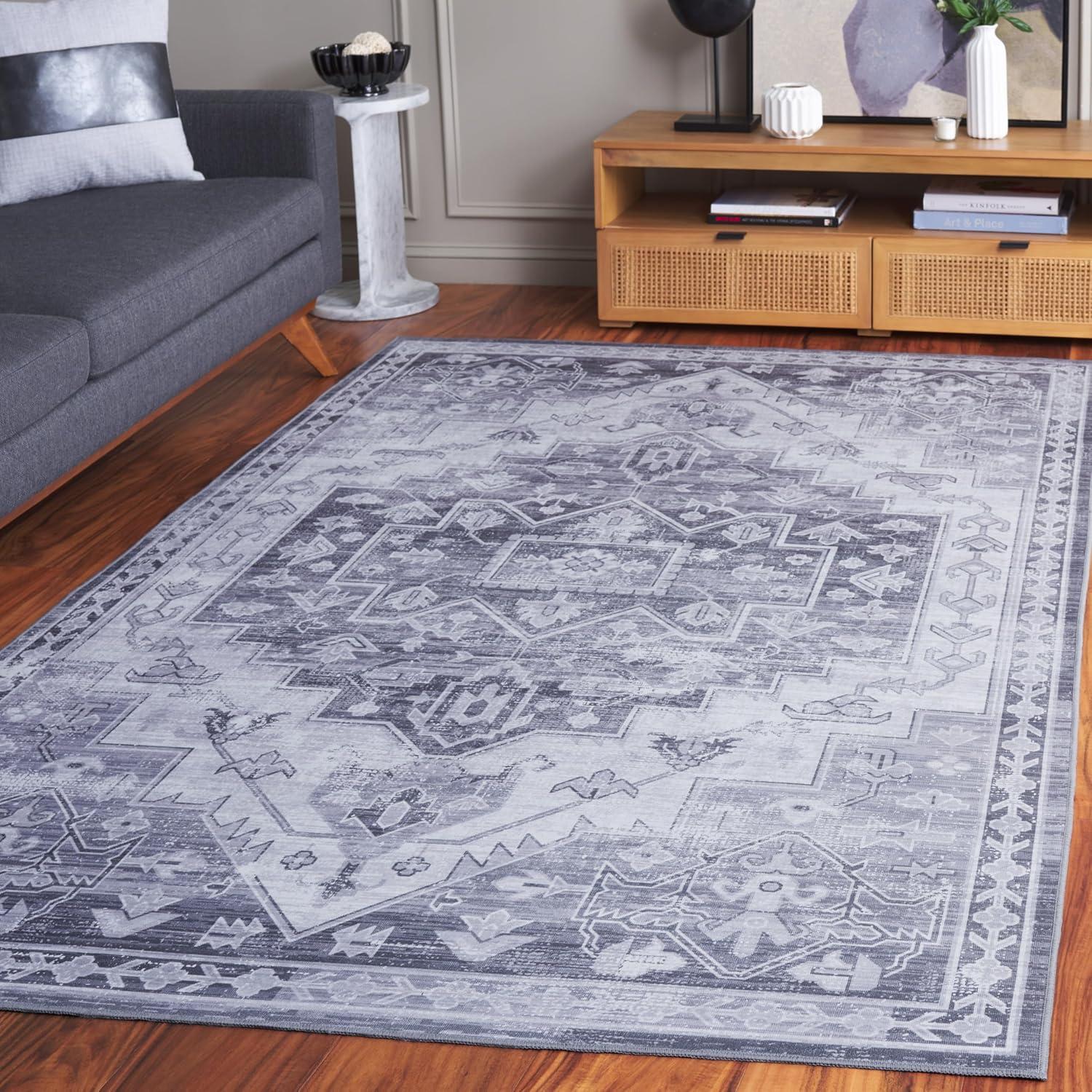 image:imageSAFAVIEH Washable Rug Tucson Collection 8 x 10 Blue amp Rust Slip Resistant amp Easy to Clean Ideal for Living Room Bedroom Dining Space TSN116MGreyLight Grey