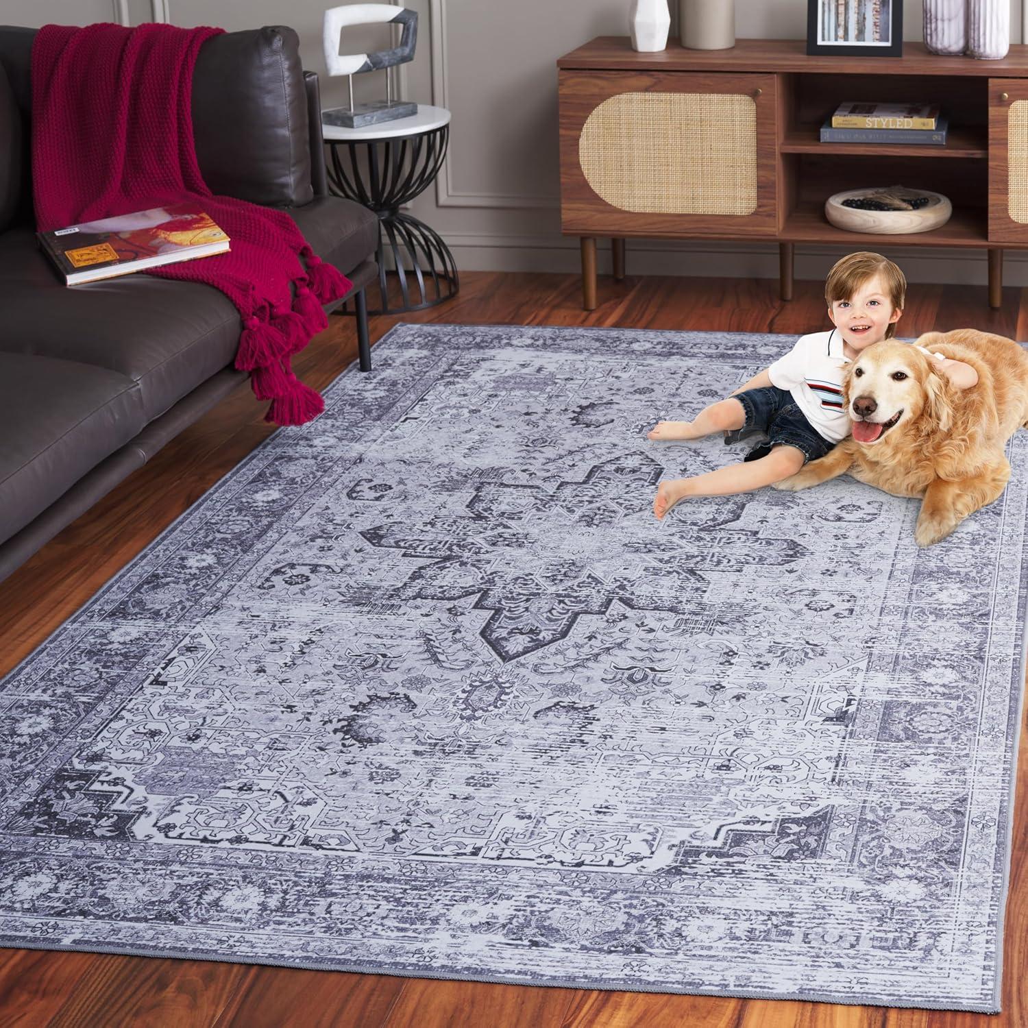 image:imageSAFAVIEH Washable Rug Tucson Collection 8 x 10 Ivory amp Red Slip Resistant amp Easy to Clean Ideal for Living Room Bedroom Dining Space TSN113ADark GreyGrey