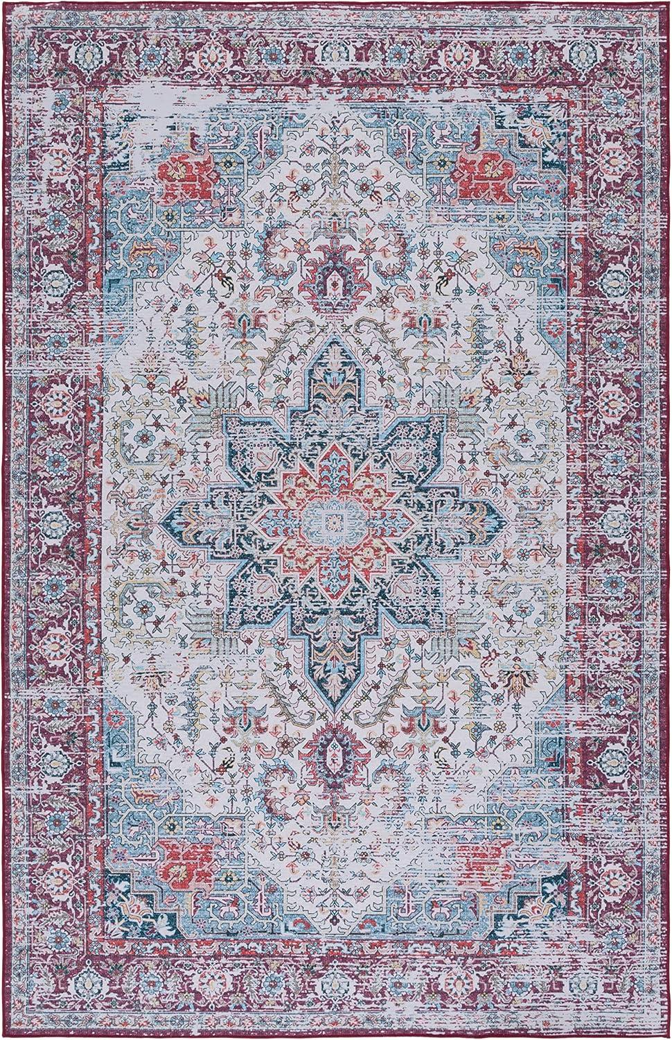 image:imageSAFAVIEH Washable Rug Tucson Collection 8 x 10 Ivory amp Red Slip Resistant amp Easy to Clean Ideal for Living Room Bedroom Dining Space TSN113AIvoryRed
