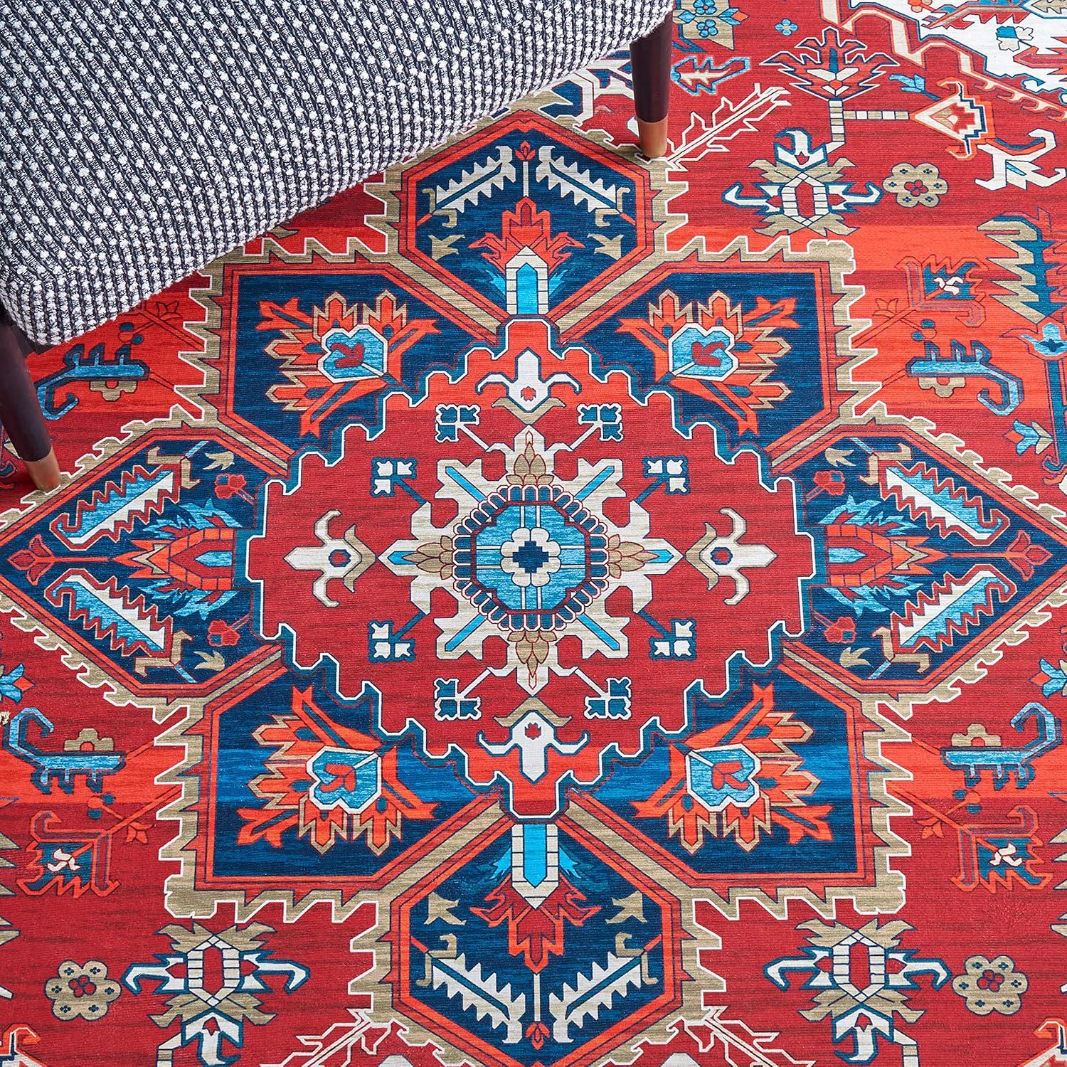 image:imageSAFAVIEH Washable Rug Tucson Collection 8 x 10 Red amp Navy Slip Resistant amp Easy to Clean Ideal for Living Room Bedroom Dining Space TSN101SRedBlue