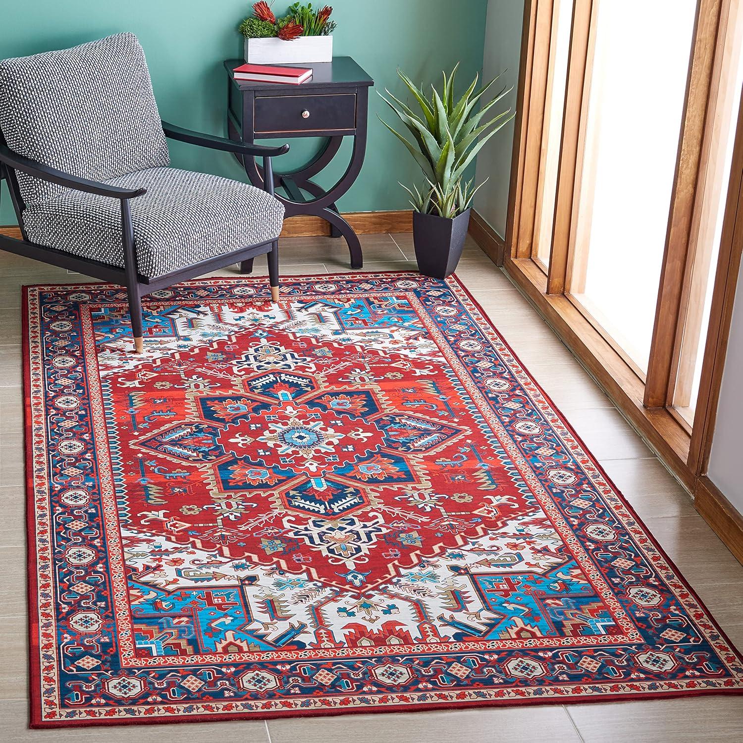 image:imageSAFAVIEH Washable Rug Tucson Collection 8 x 10 Red amp Navy Slip Resistant amp Easy to Clean Ideal for Living Room Bedroom Dining Space TSN101SRedBlue